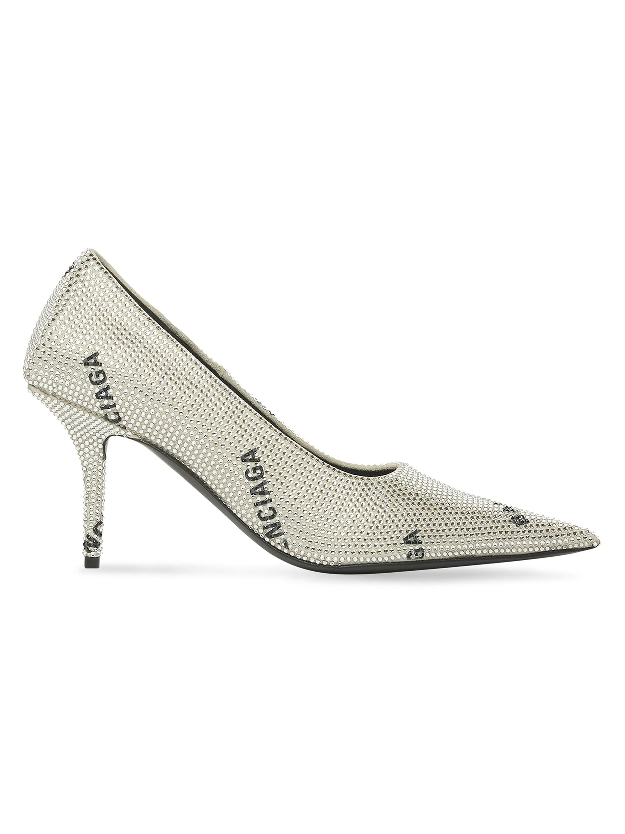 Balenciaga Women's Square Knife 80MM Pumps with Allover Logo Rhinestones - Silver