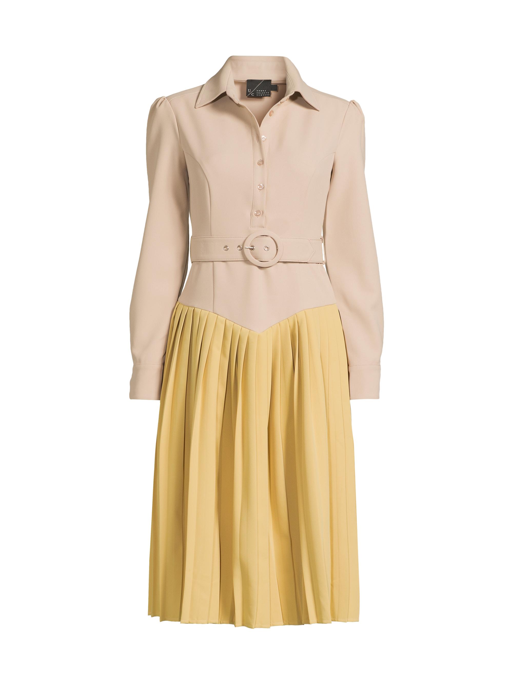 Undra Celeste Women's Everyday Tropics Coloblock Belted Shirtdress - Toast Banana