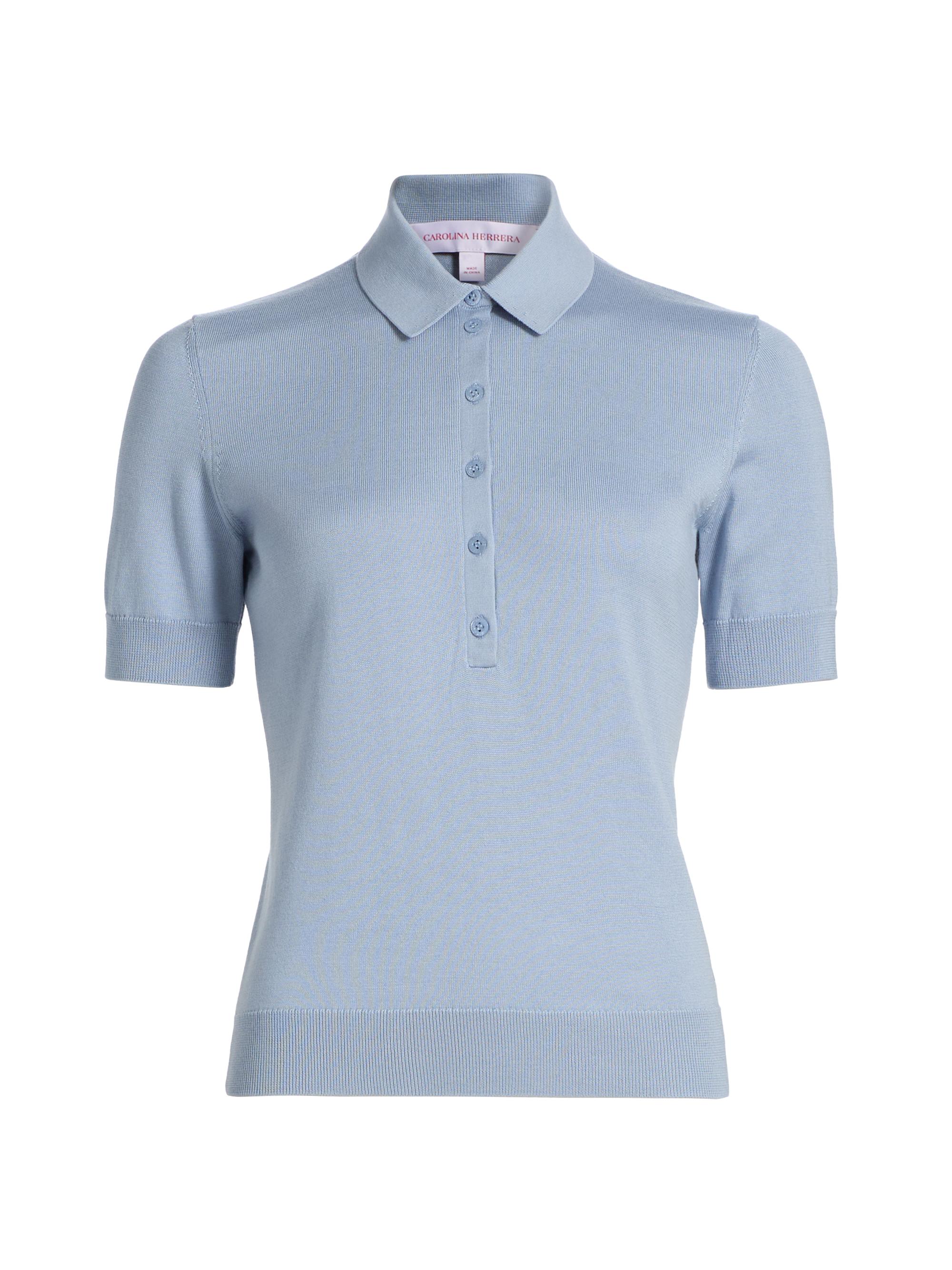 Carolina Herrera Women's Silk-Cotton Blend Polo Shirt - Celeste