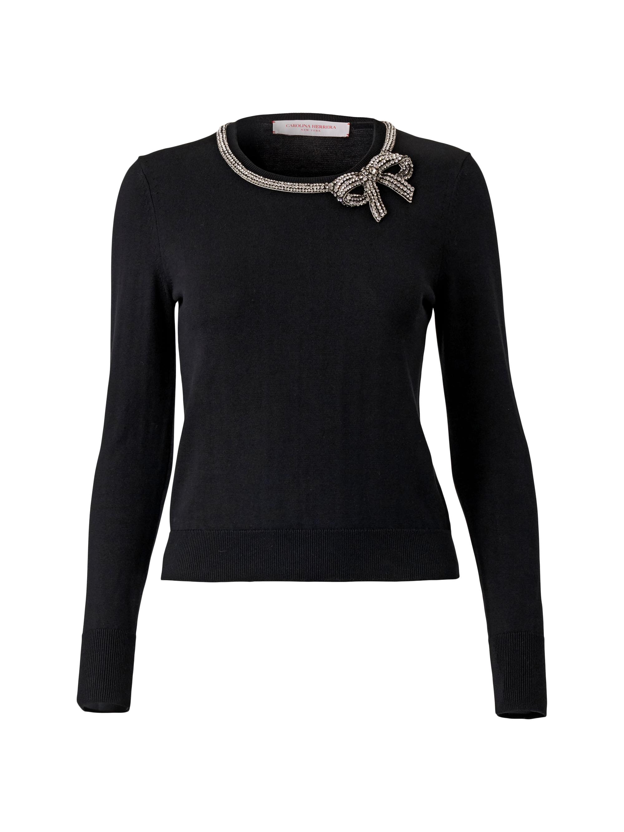 Carolina Herrera Women's Crystal Bow-Embellished Silk-Cotton Knit Sweater - Black