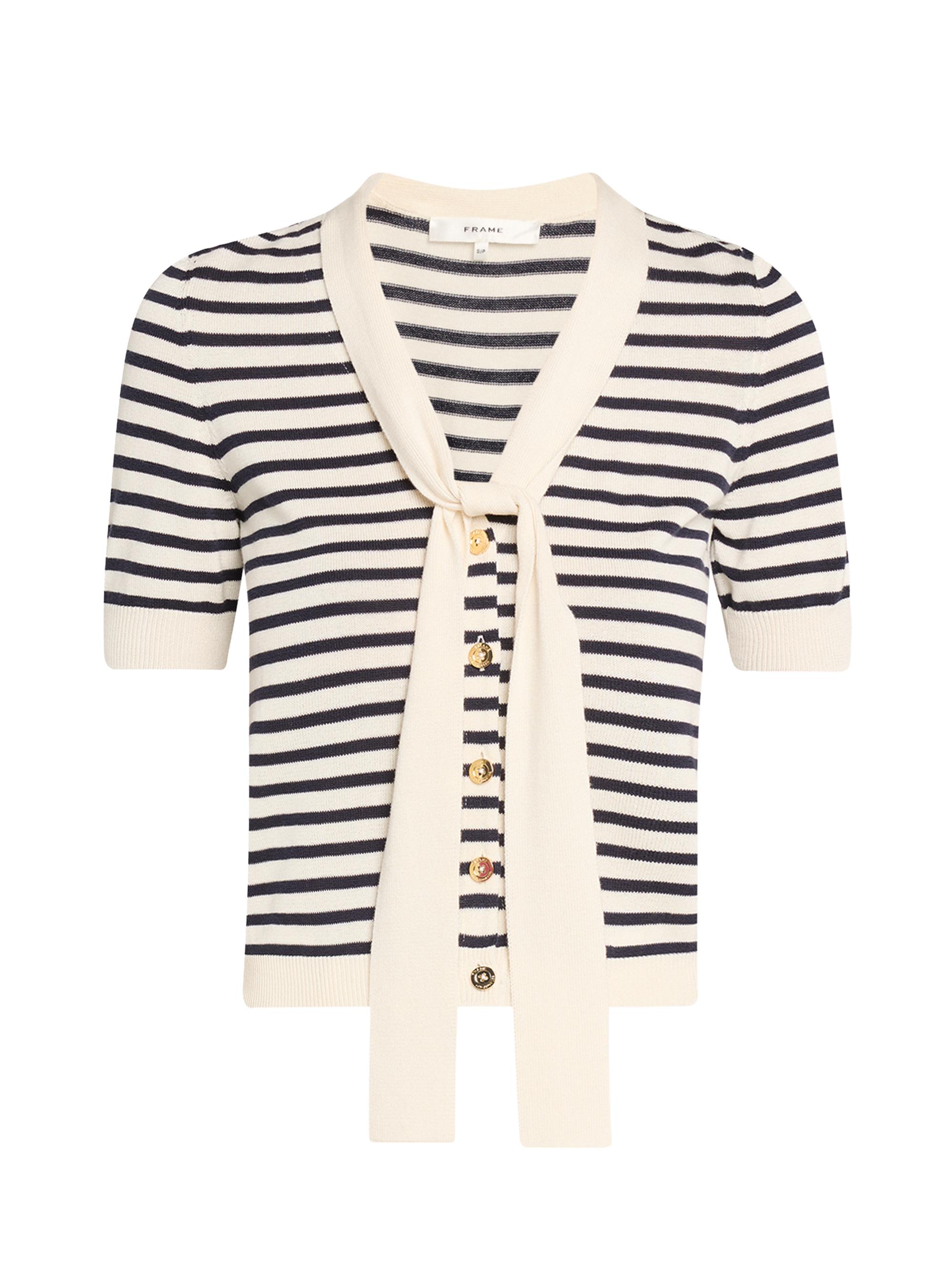 FRAME Women's Striped Cotton-Blend Tieneck Cardigan - Navy Multi