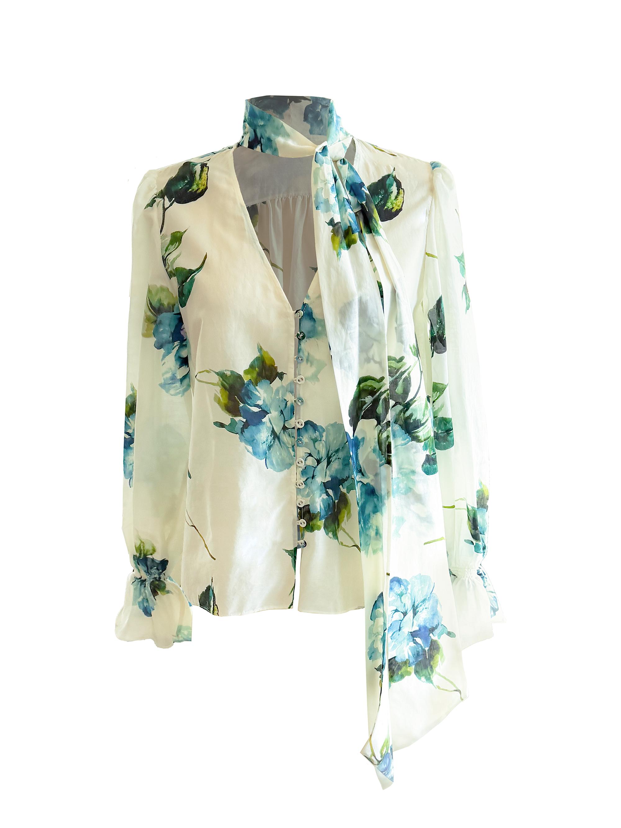 Secret Mission Women's Eliana Floral Cotton-Silk Blouse - Watercolor Blue Floral