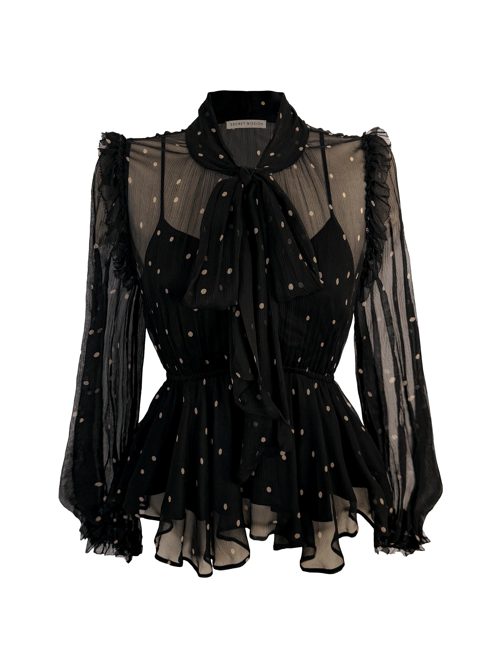 Secret Mission Women's Soho Avelina Polka Dot Crinkle Silk Tieneck Blouse - Black Polka Dot