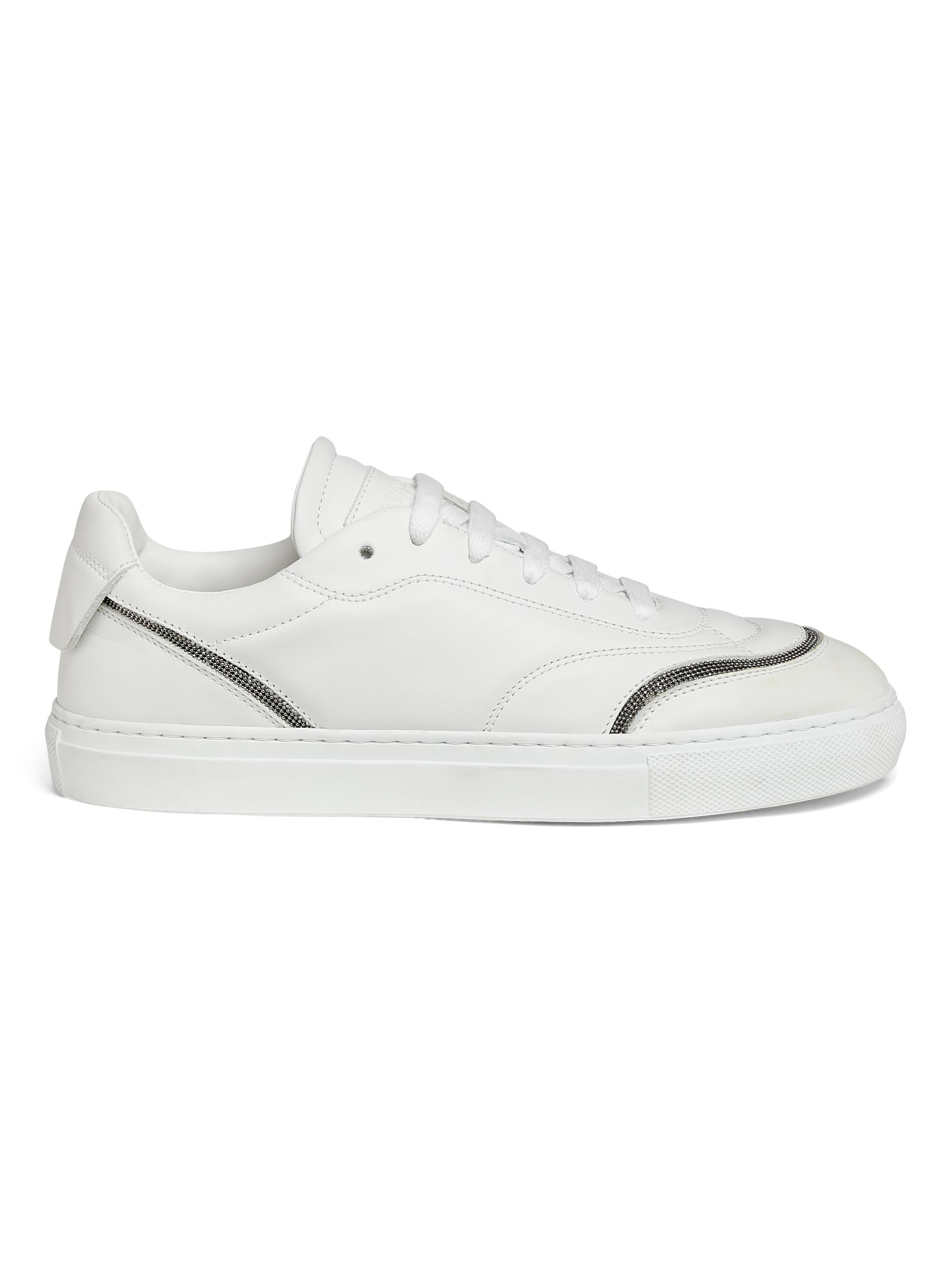 Brunello Cucinelli Women's Monili-Trimmed Leather Low-Top Sneakers - White