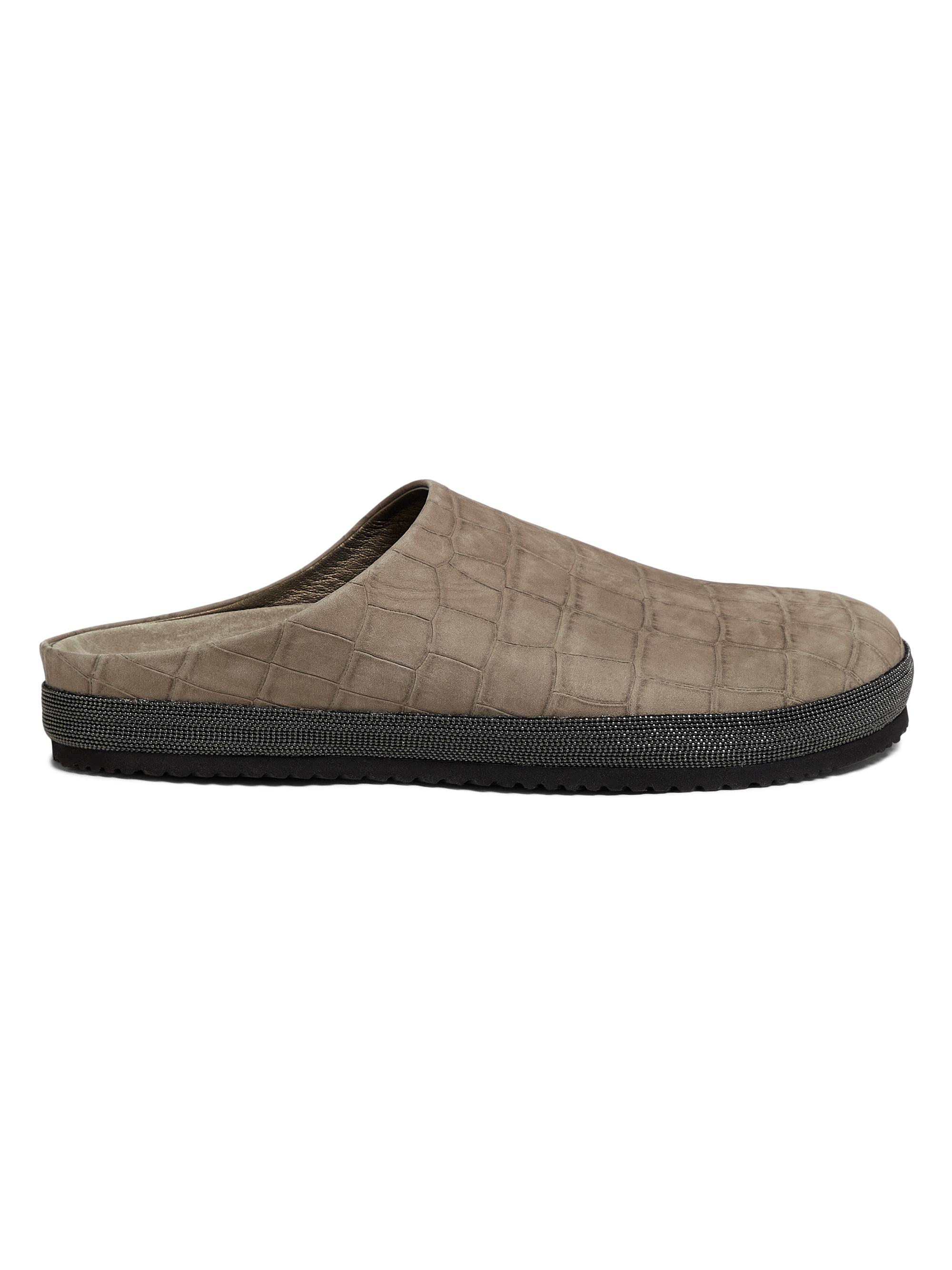 Brunello Cucinelli Women's Crocodile-Embossed Suede Slippers - Taupe