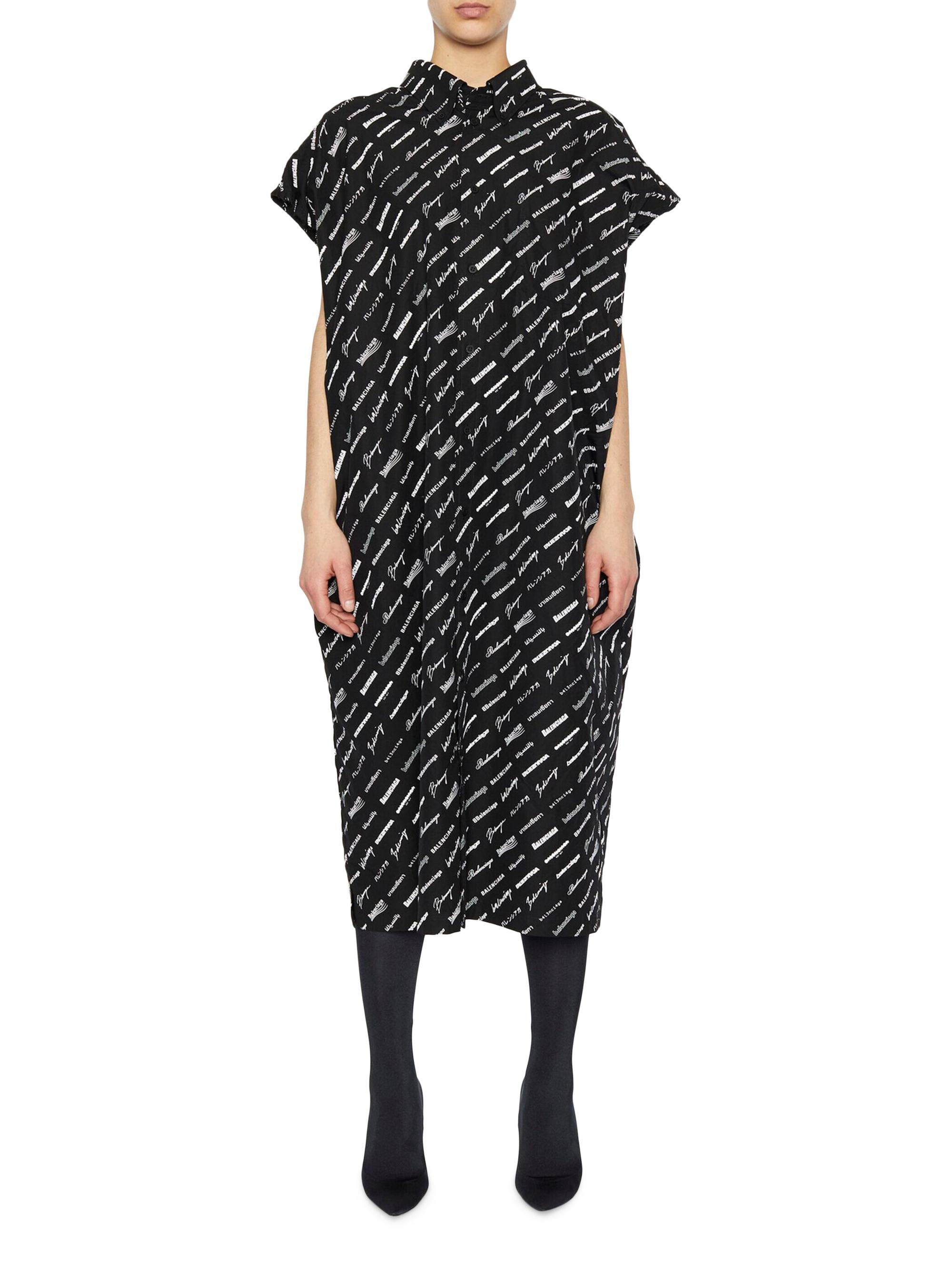 Balenciaga Women's Logomania All Over Swing Collar Raw Cut Dress - Black White