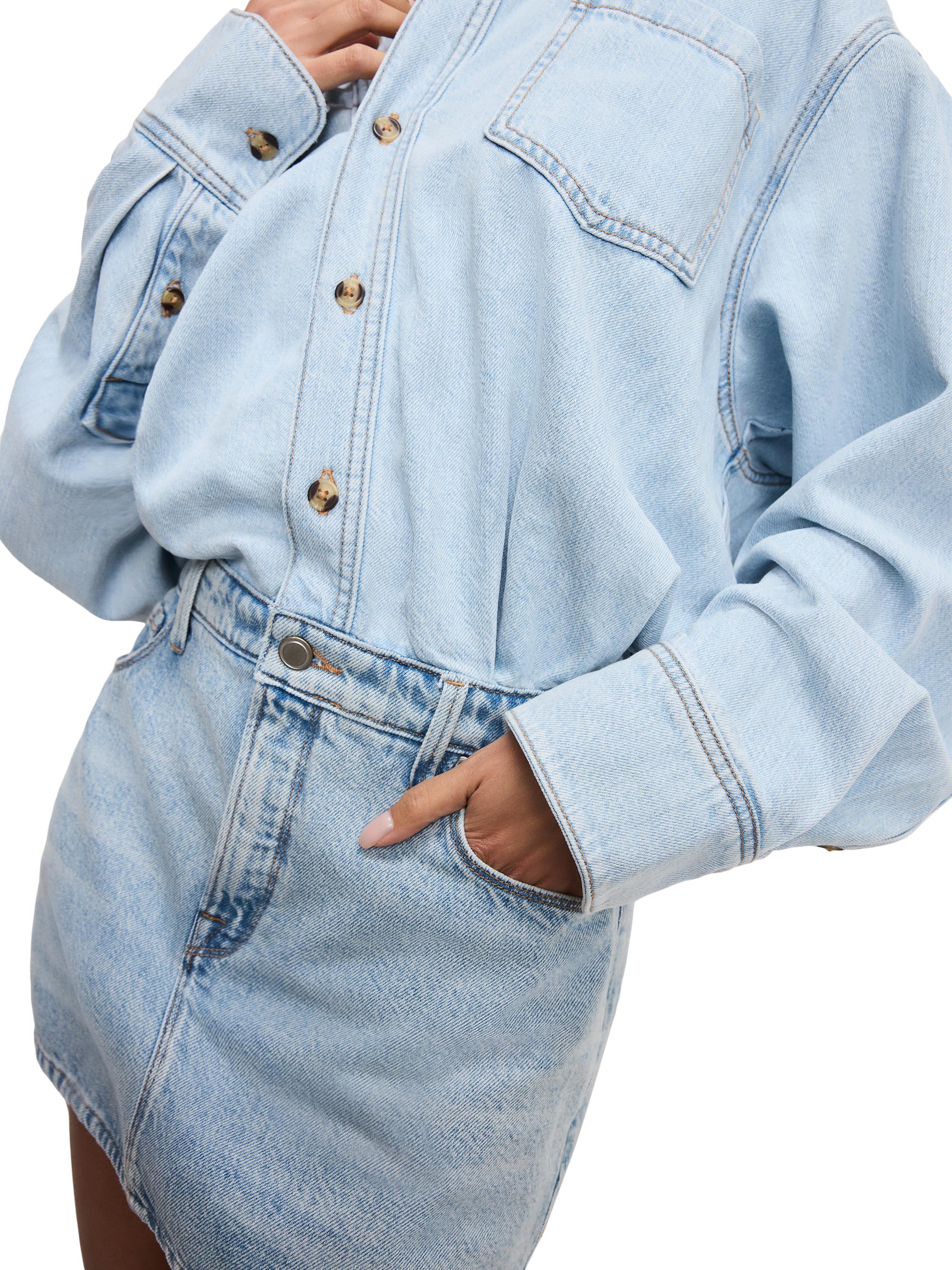 chinese dress ladies Medium Wash Chambray Denim Open Back Midi Dress