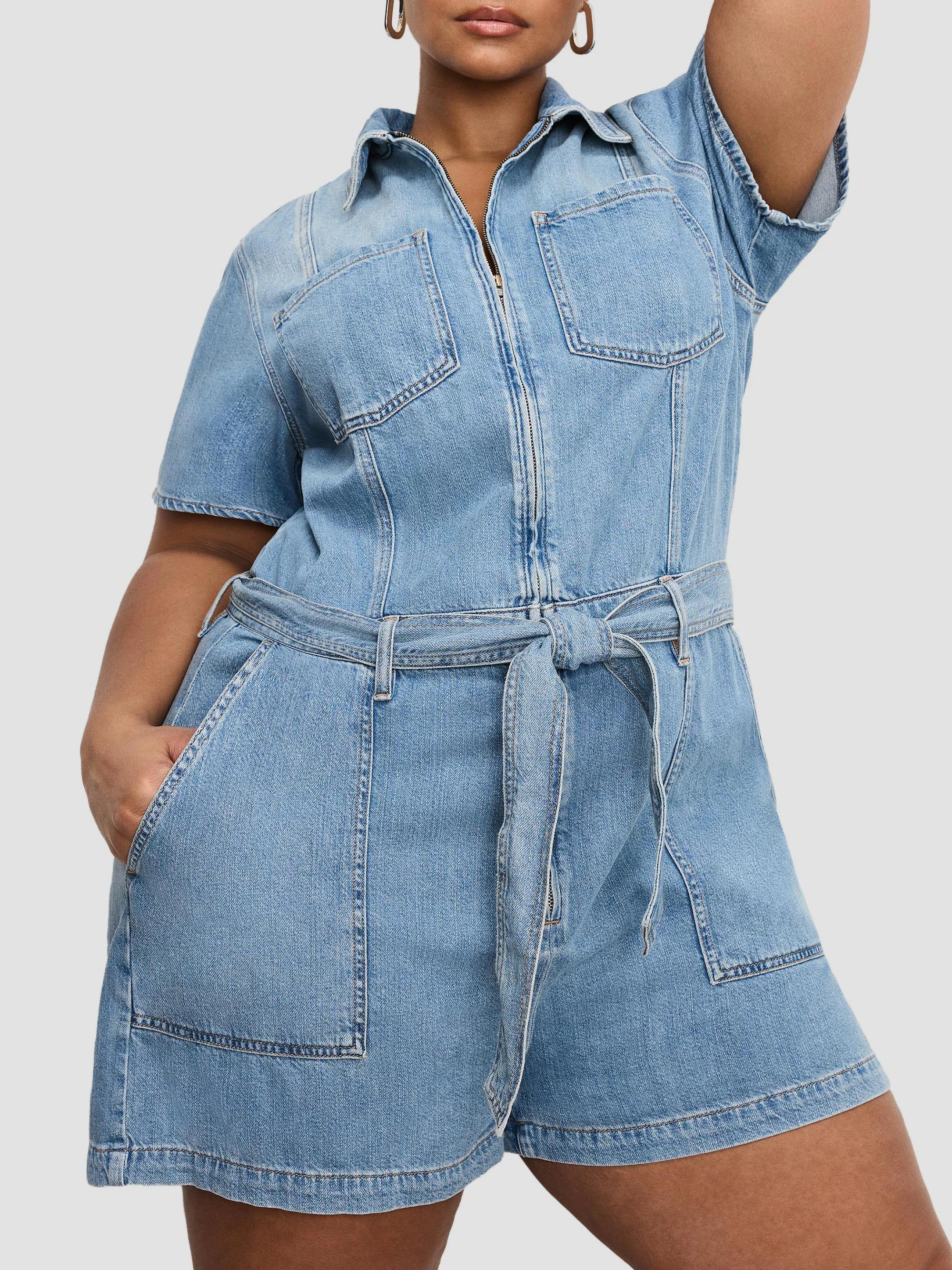 Good American Fit for Success Lite Linen Denim Romper | Saks Fifth