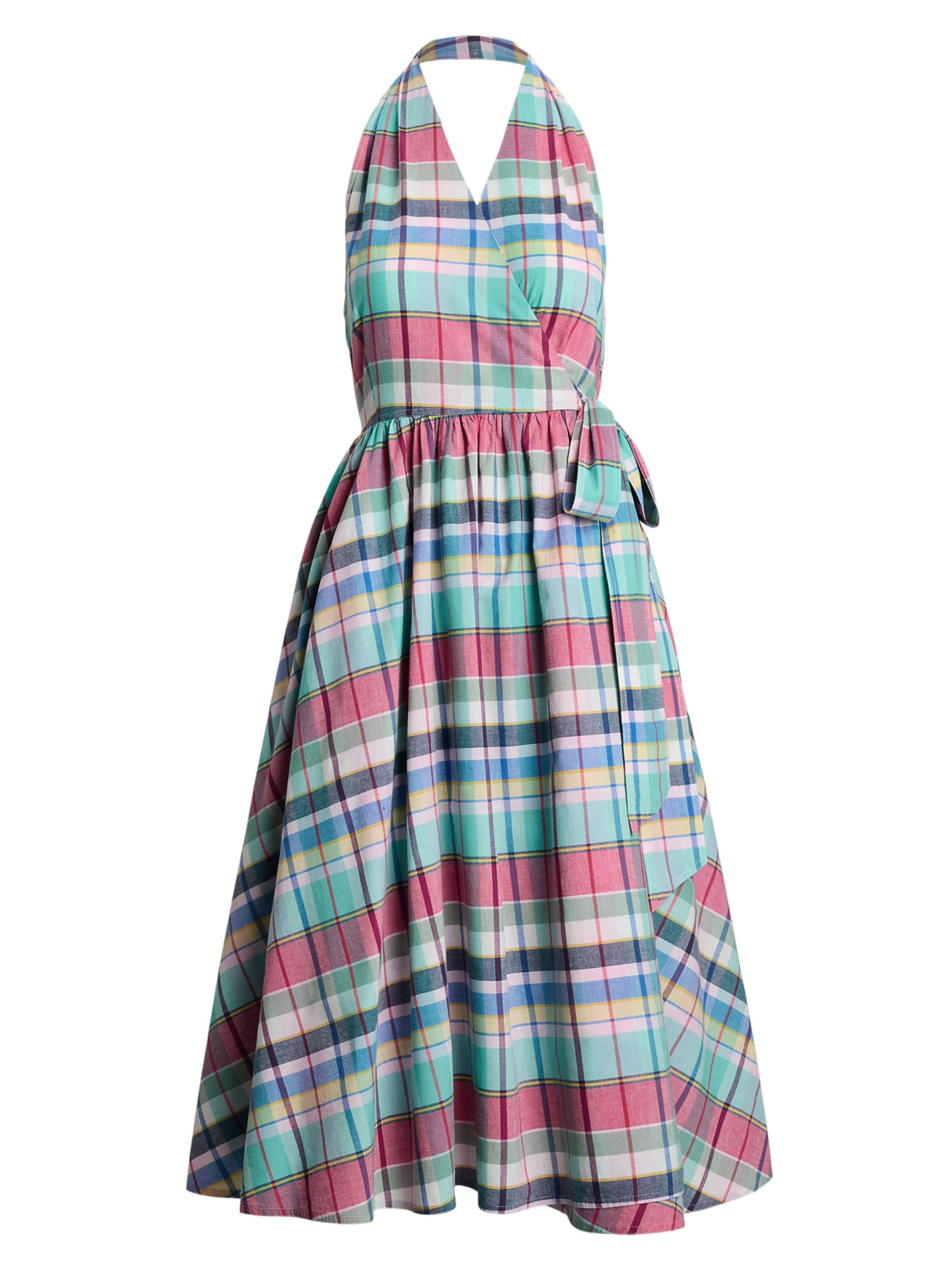 Polo Ralph Lauren Women's Plaid Cotton Halterneck Wrap Midi-Dress - Teal Pink