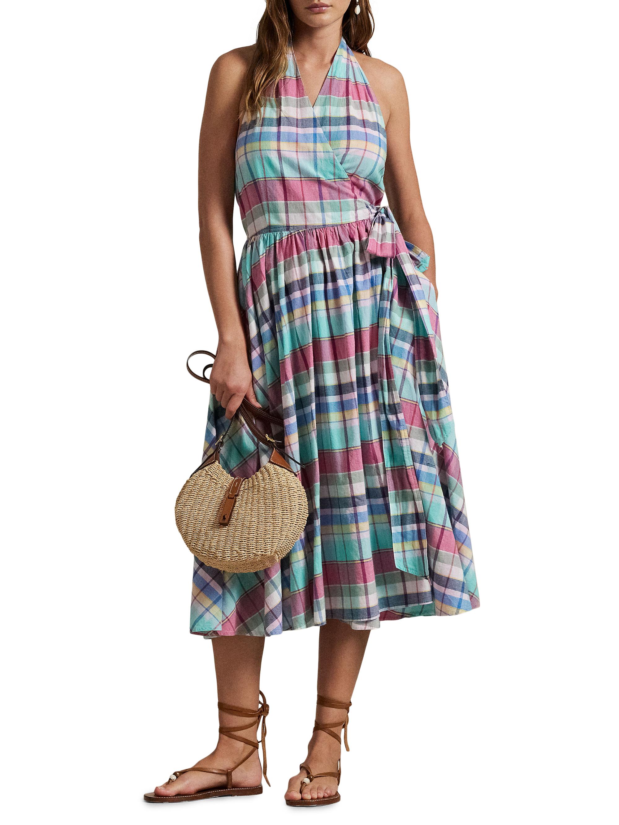 Polo Ralph Lauren Plaid Cotton Halterneck Wrap Midi-Dress | Saks