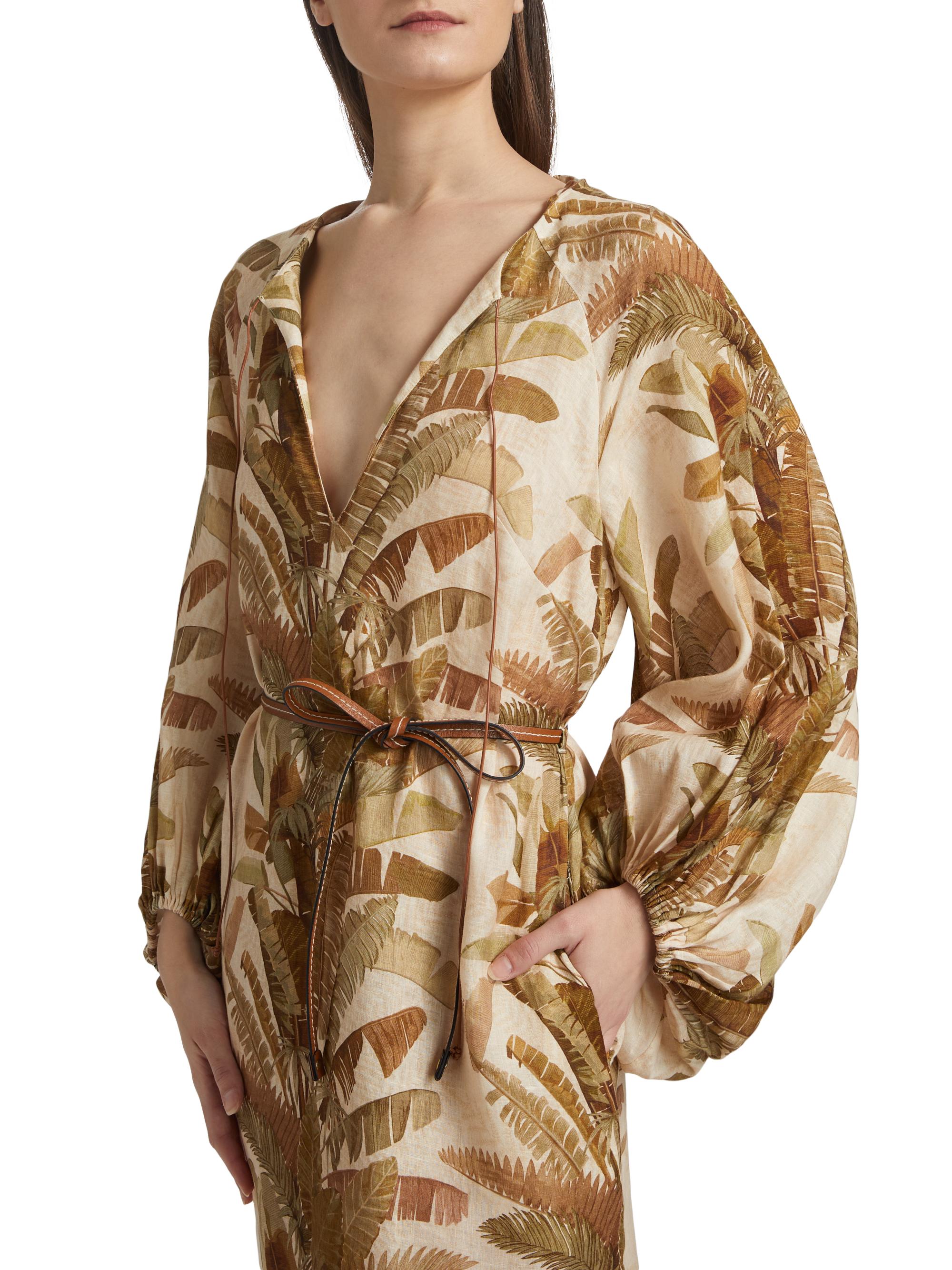 Zimmermann Ascension Leaf-Print Linen Midi-Dress | Saks Fifth Avenue