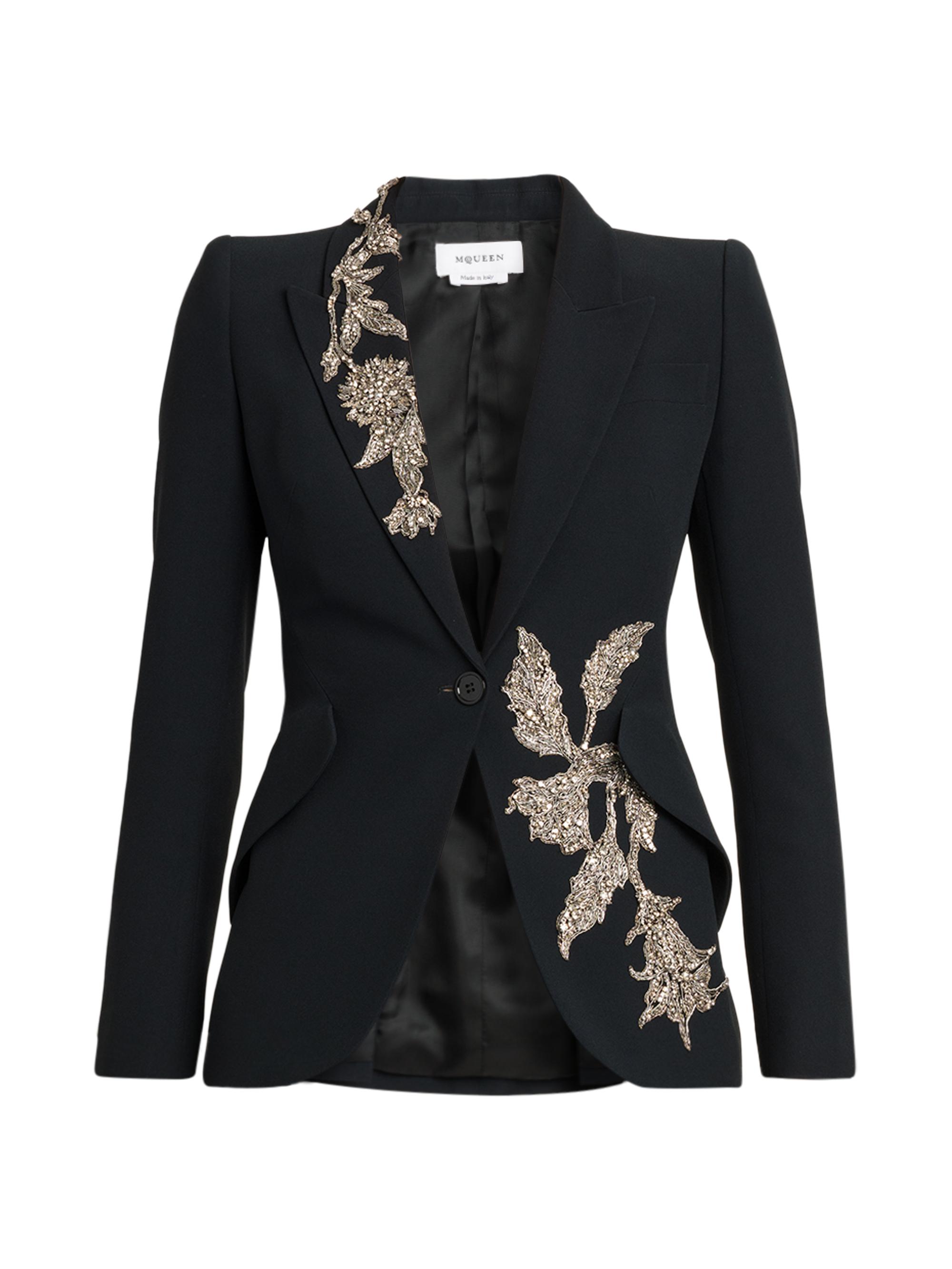 McQueen Women's Floral Beaded Crepe Single-Breasted Jacket - Black