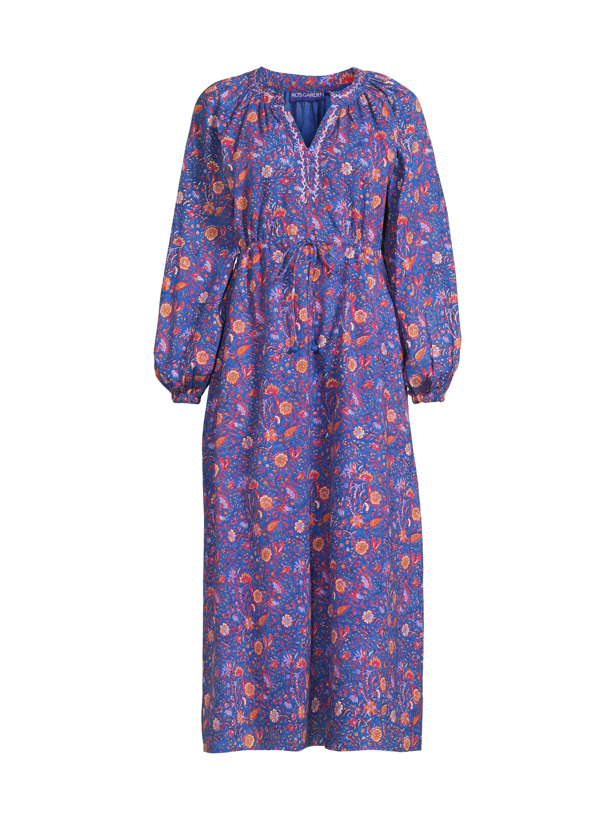 Ro's Garden Women's Amalfi Cotton Floral Midi Dress - Blue Cezanne