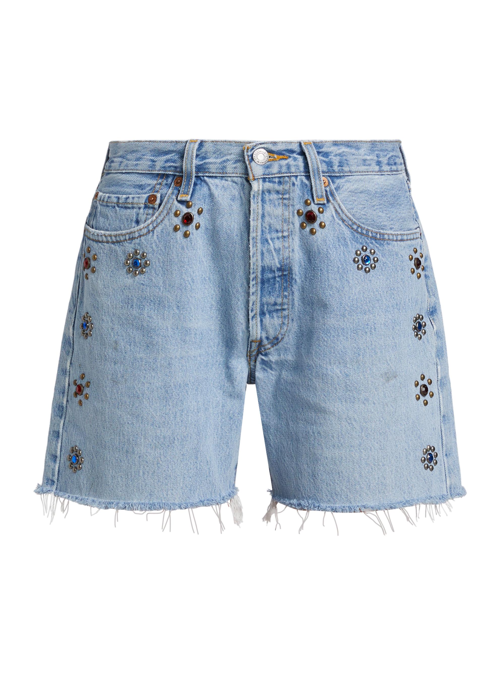 Re/done Women's Studded Floral Mid-Rise Boy Shorts - Indigo Bloom Stud