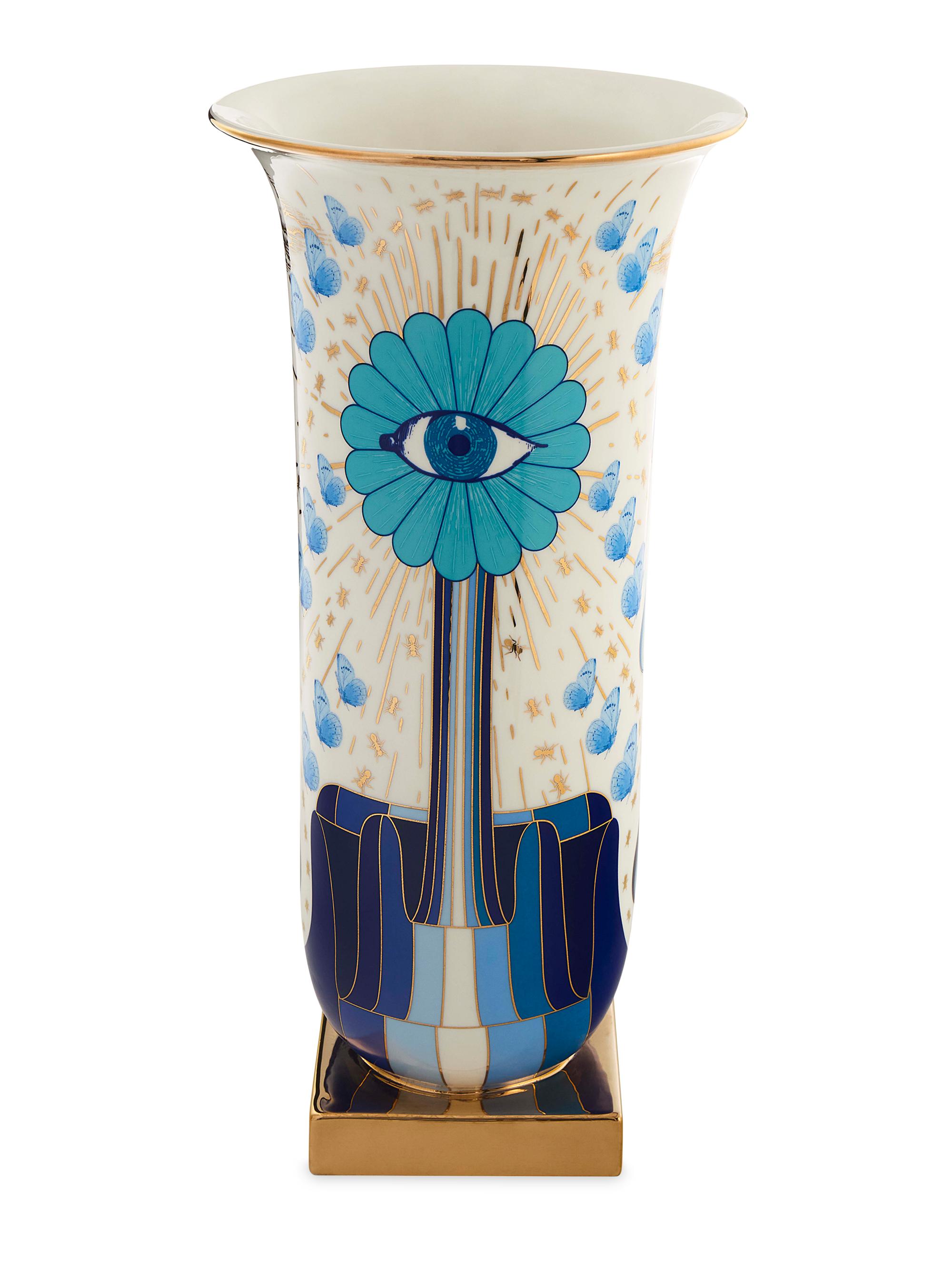 Jonathan Adler Druggist Flared Tall Vase - Blue White Gold