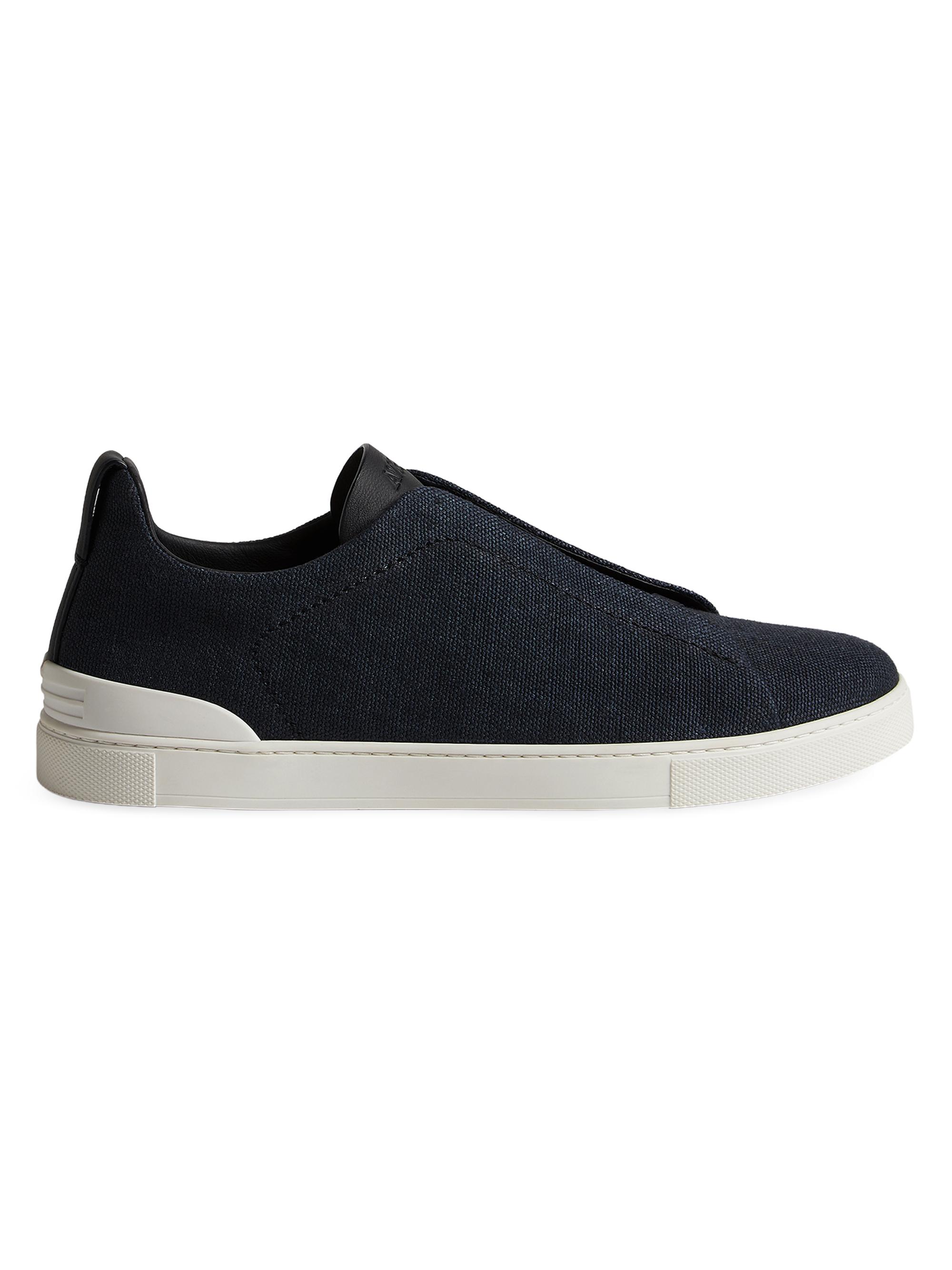 ZEGNA Men's Cotton Linen and Leather Triple Stitch Sneakers - Navy Blue