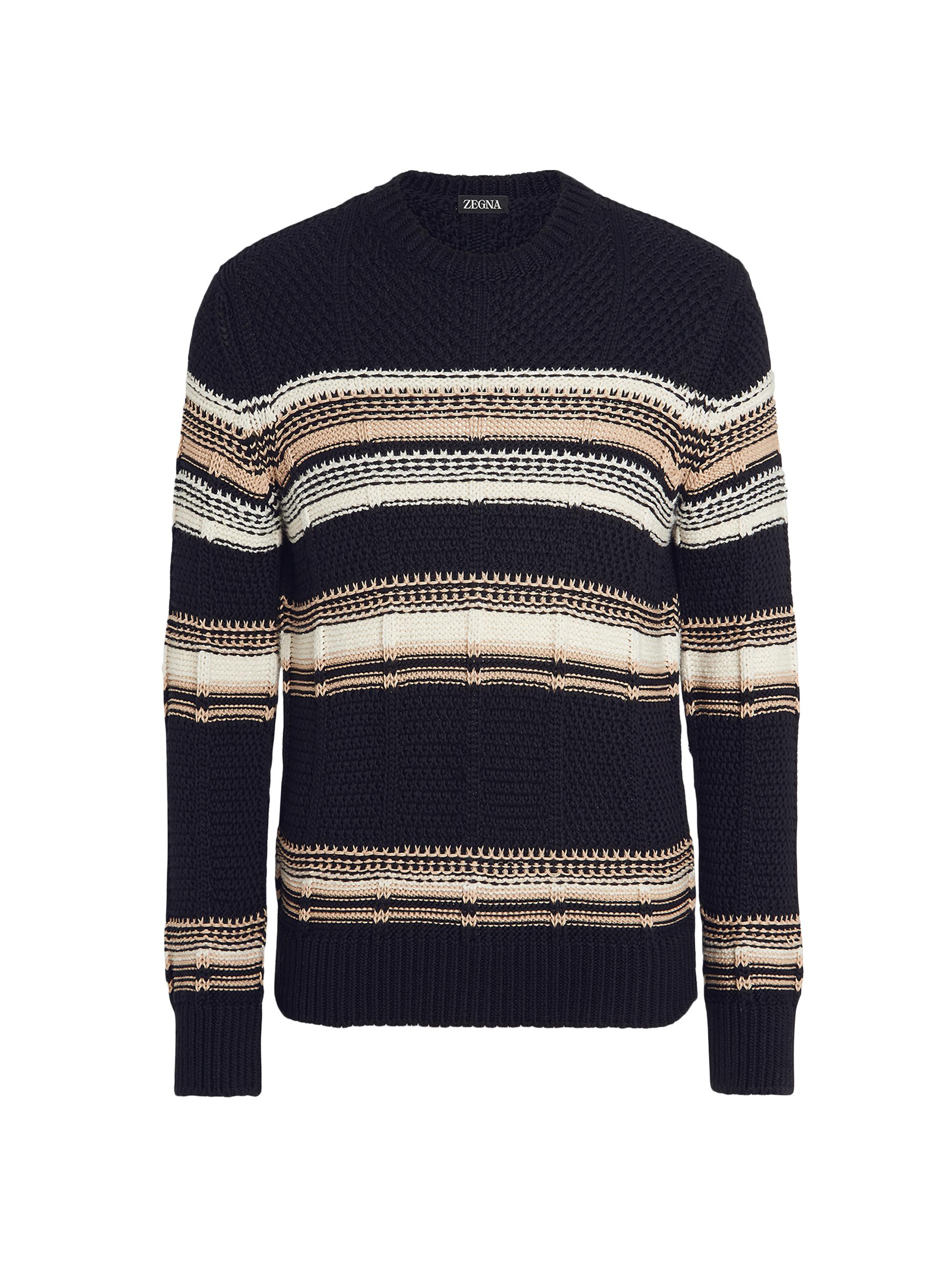 ZEGNA Men's Cotton Silk and Linen Crewneck Sweater - Navy Blue White