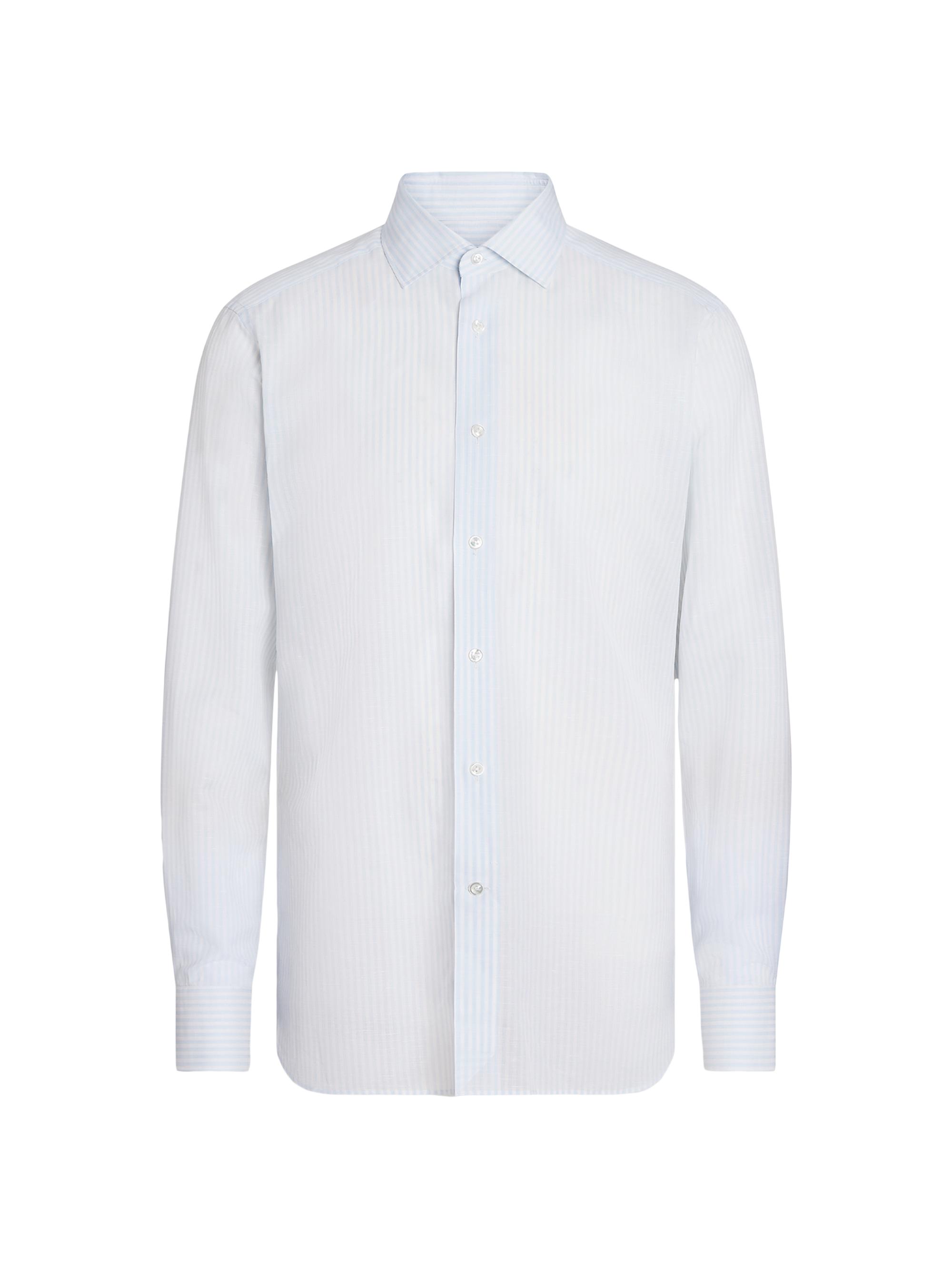 ZEGNA Men's Centoventimila Cotton-Linen Striped Shirt - Light Blue White