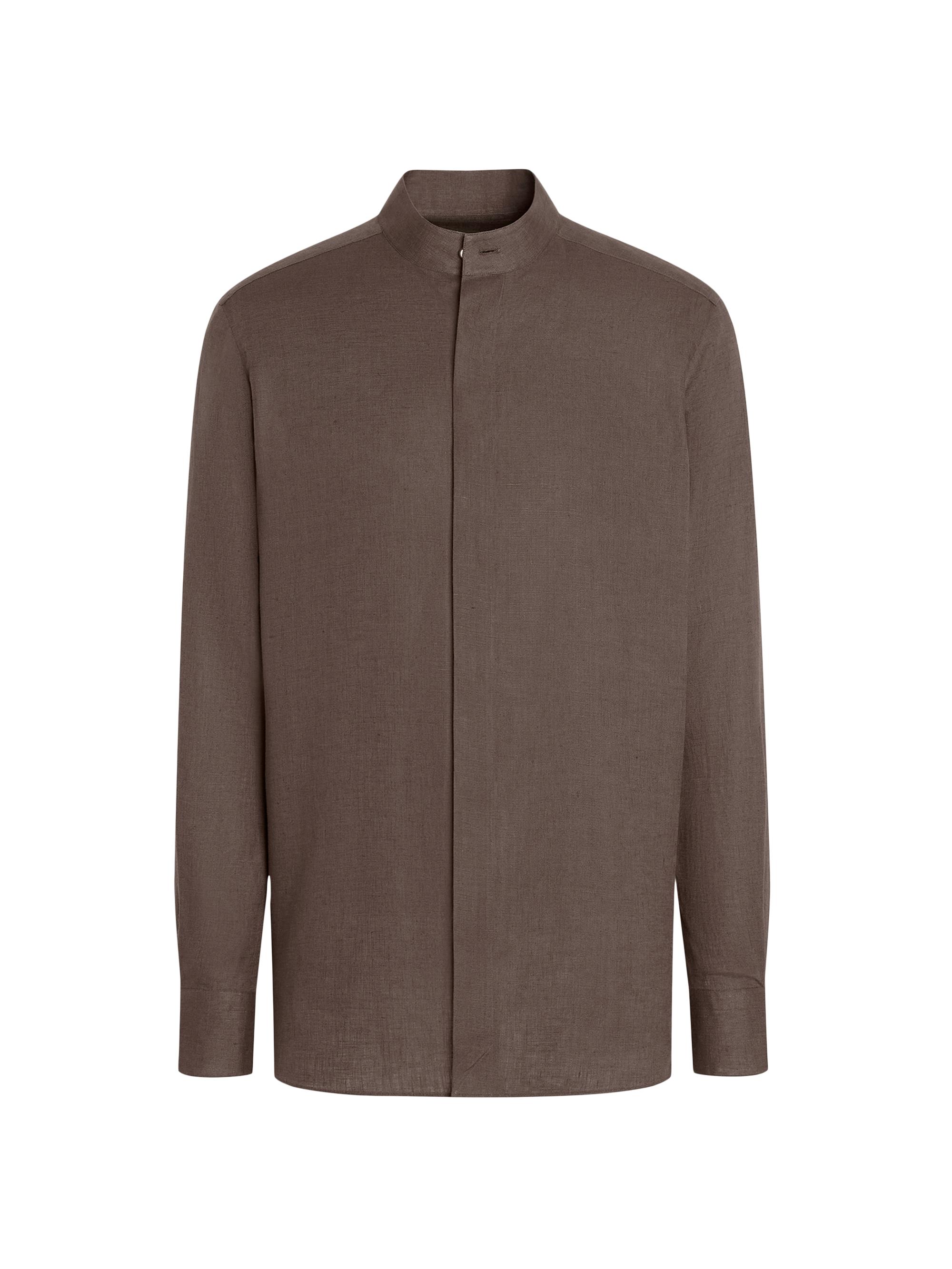 ZEGNA Men's Pure Linen Stand Collar Shirt - Dark Taupe
