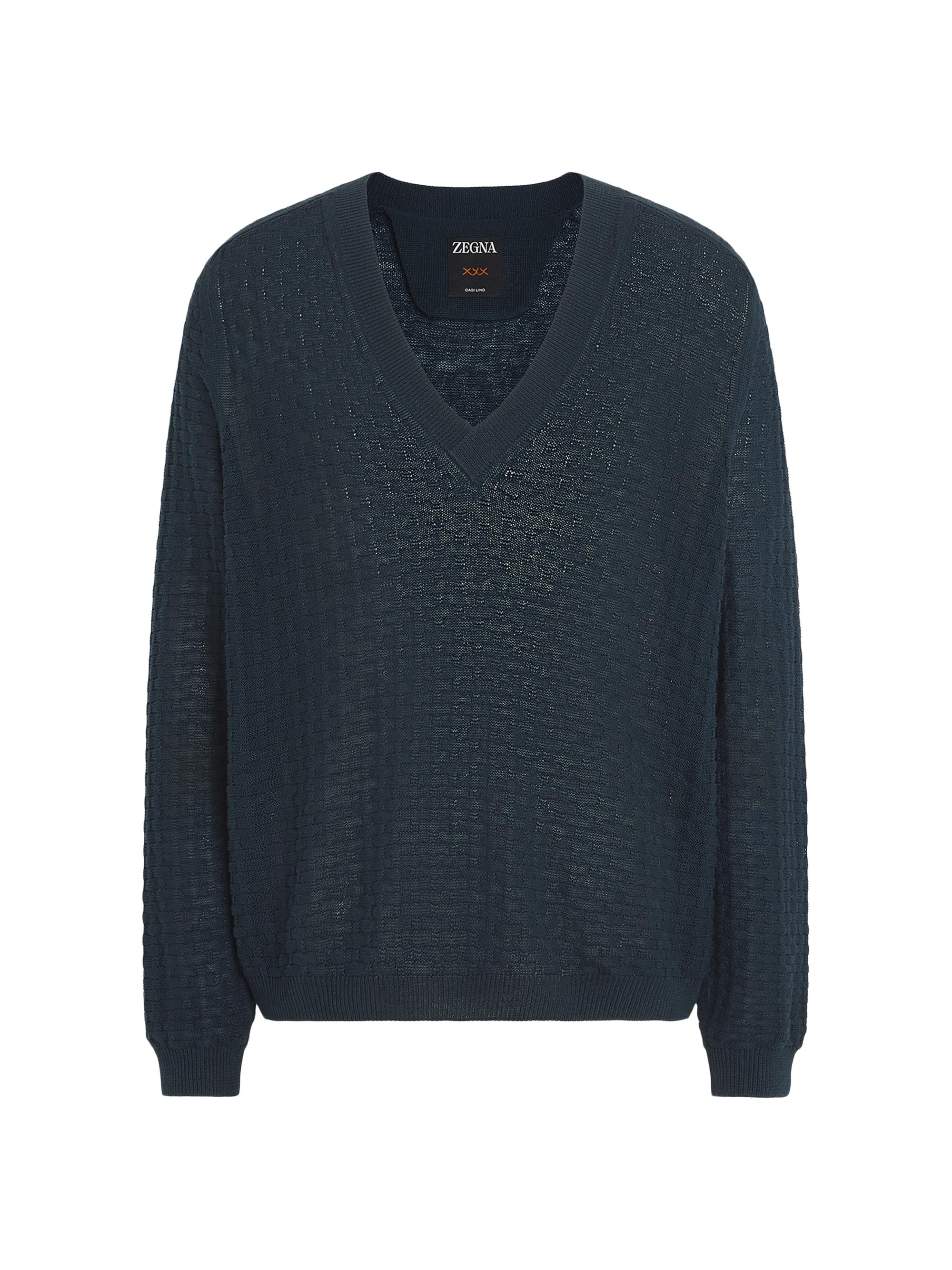 ZEGNA Men's Oasi Lino V-Neck Sweater - Dark Teal Blue