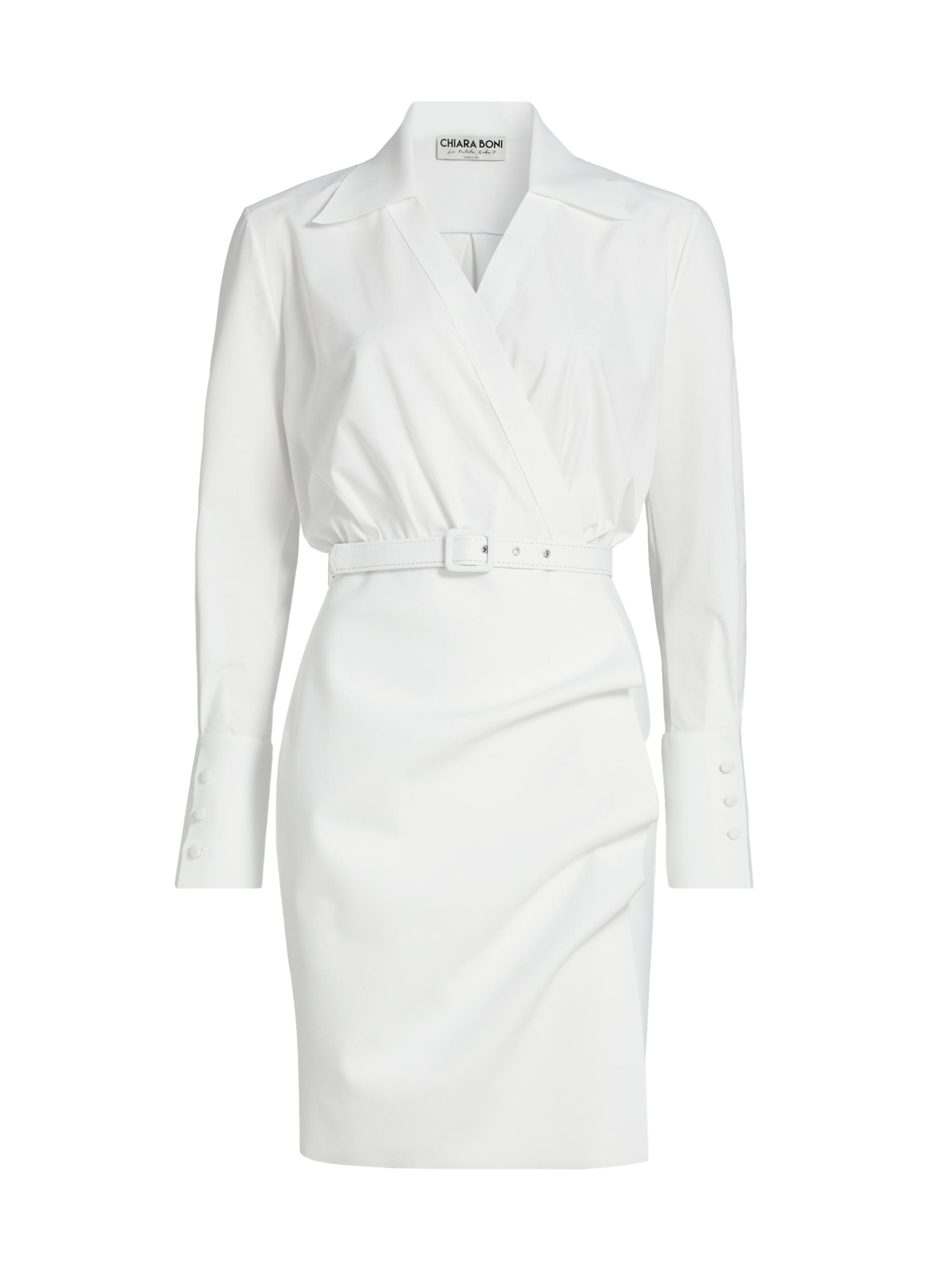 Chiara Boni La Petite Robe Women's Faro Ruched V-Neck Belted Shirtdress - White