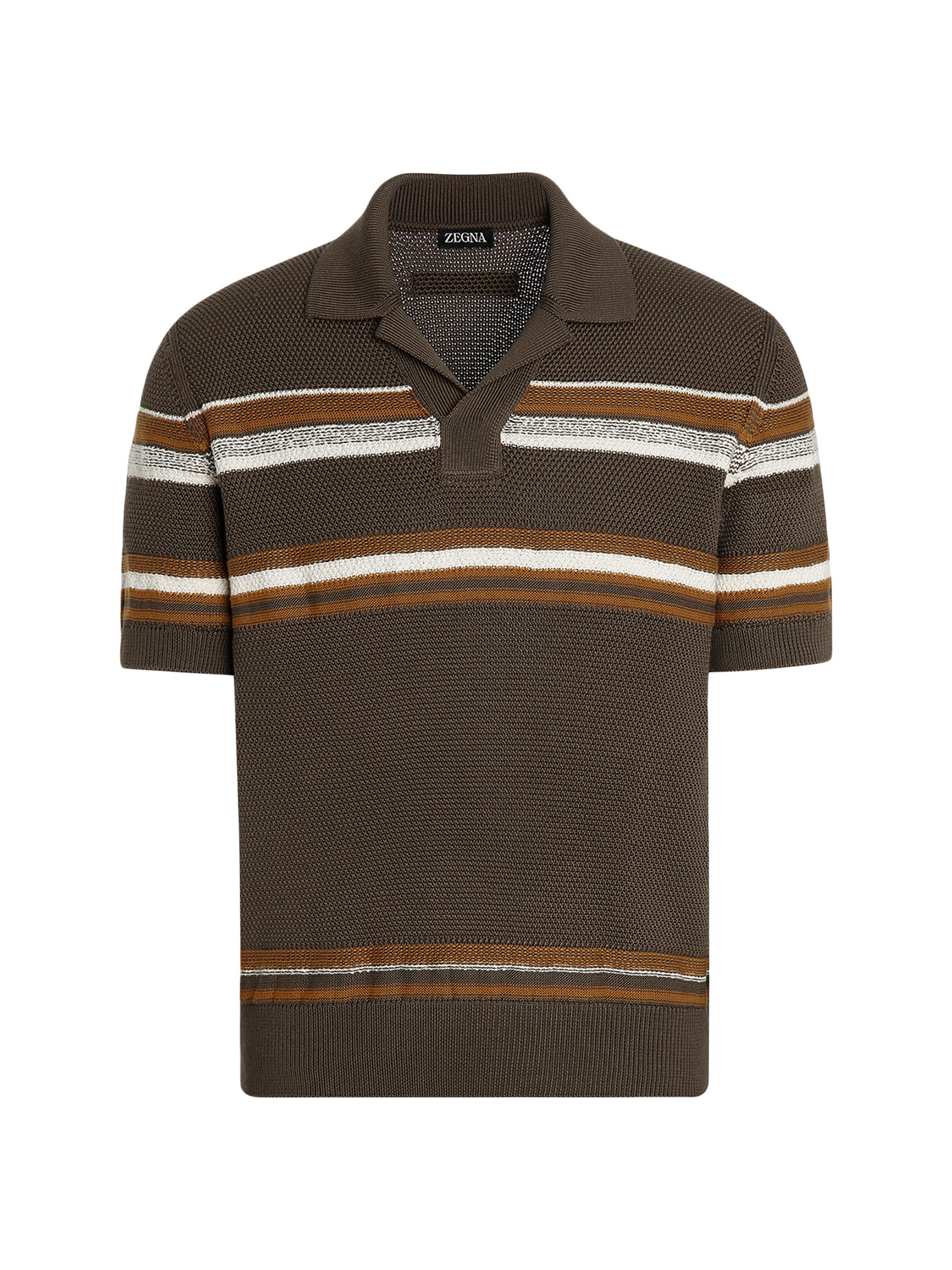 ZEGNA Men's Striped Cotton and Silk Polo Shirt - Dark Blue