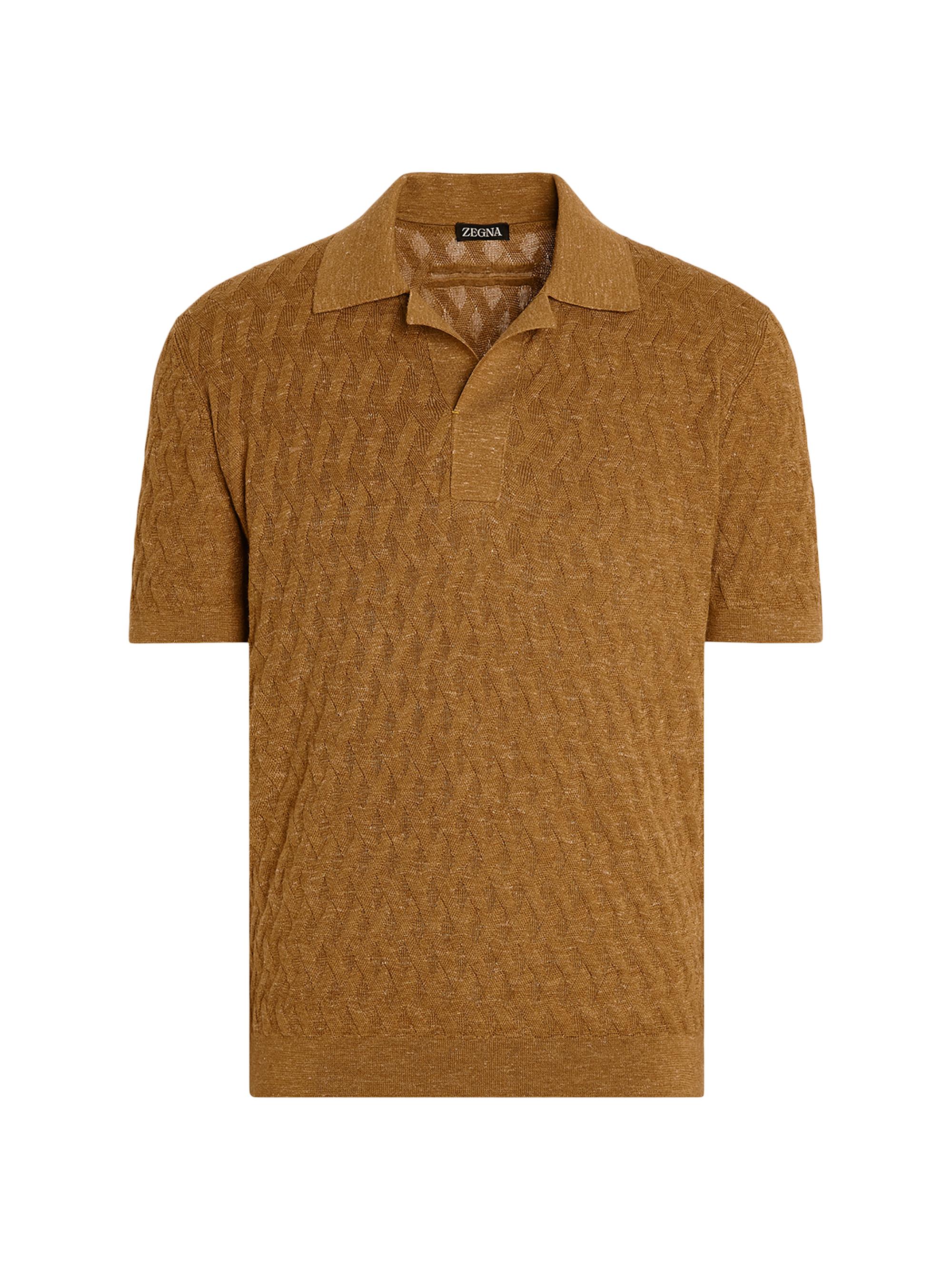 ZEGNA Men's Diamond Mesh Weave Silk Cashmere and Linen Polo Shirt - Ochre