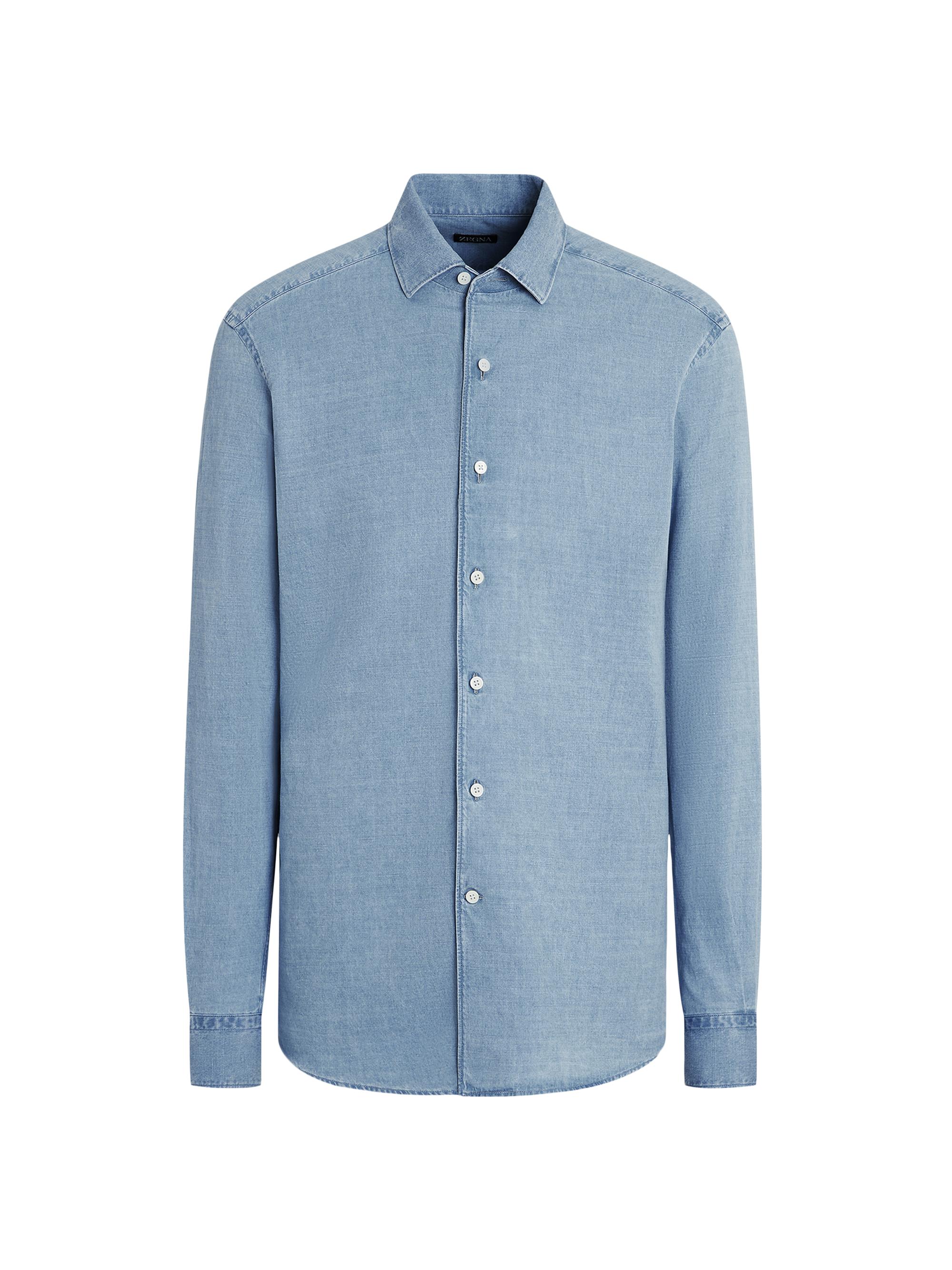 ZEGNA Men's Bleached Cotton and Linen Denim Shirt - Light Blue