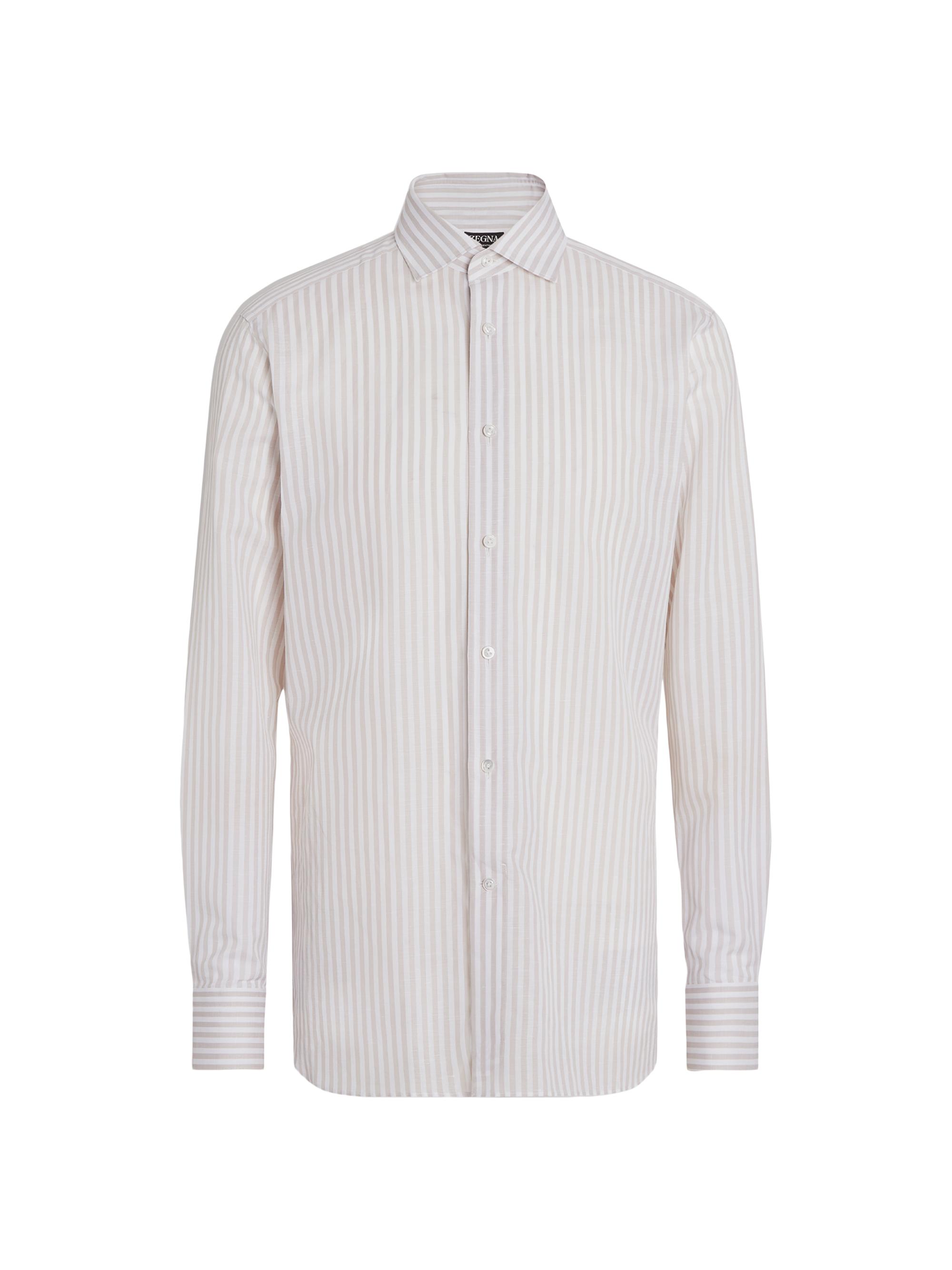 ZEGNA Men's Macro-Striped Cotton and Linen Shirt - White Light Taupe