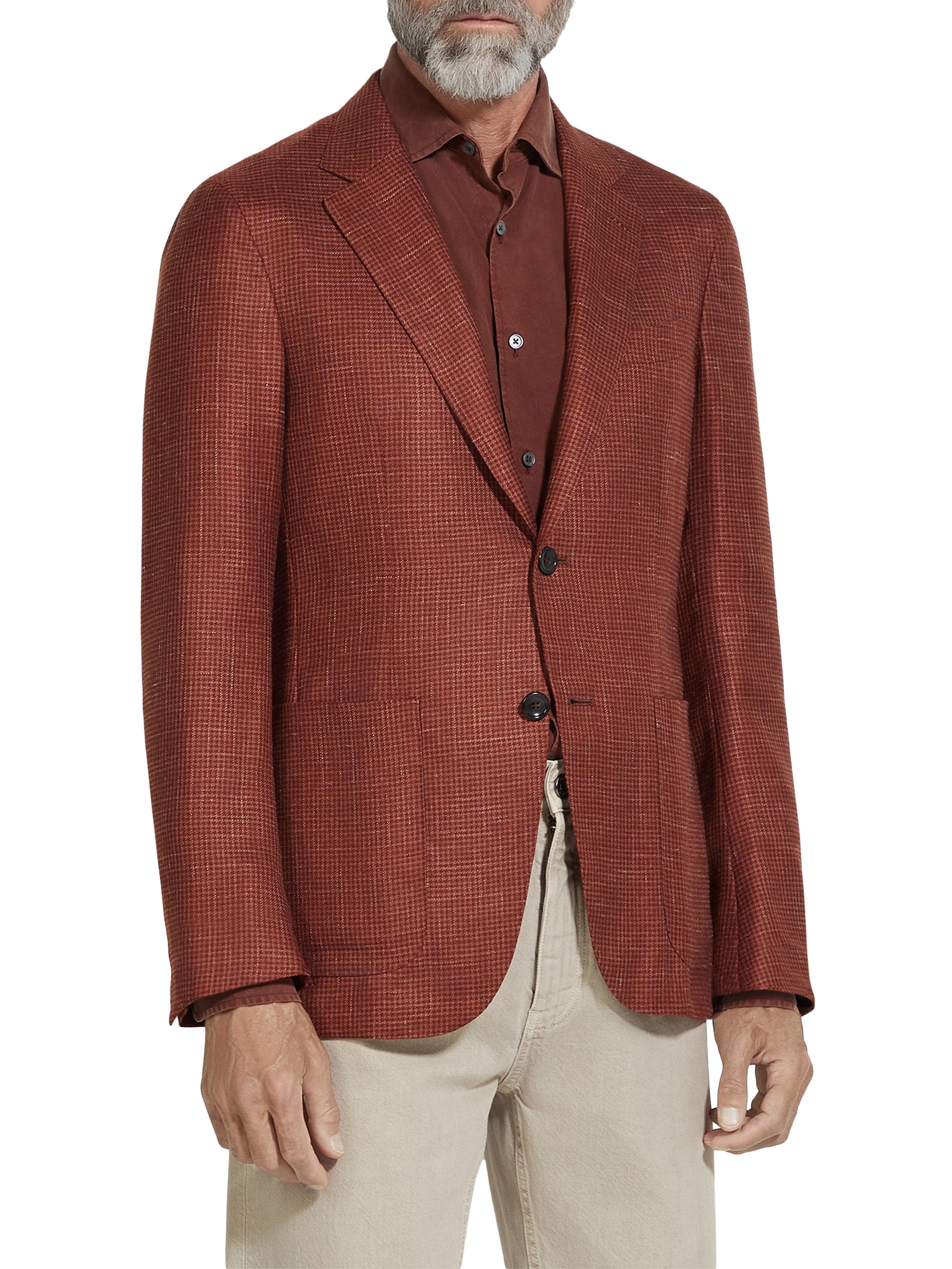ZEGNA Men's Houndstooth Cashmere Silk and Linen Blazer - Brick Red