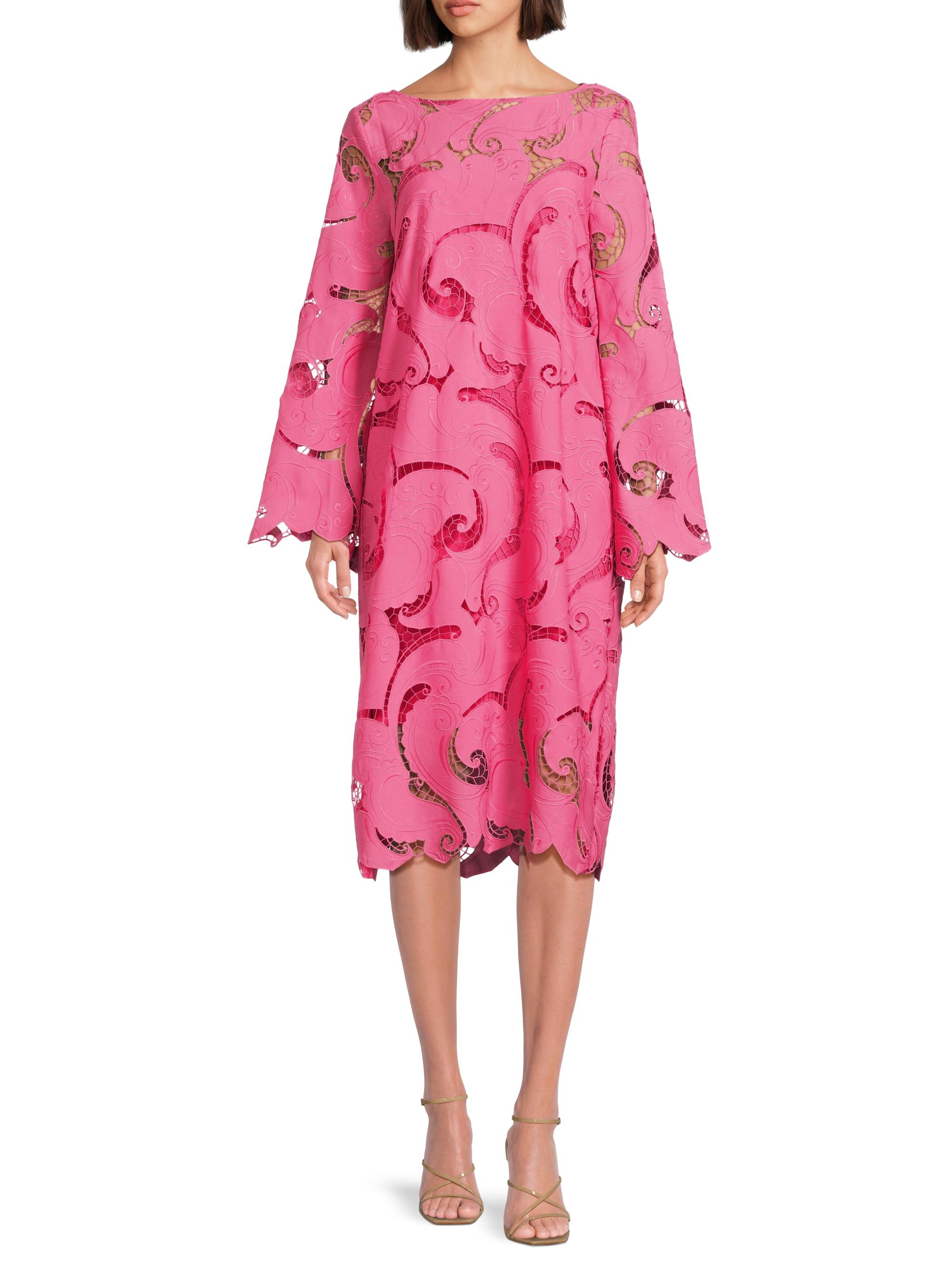 pink guipure lace midi dress $3490 NEW Oscar de la Renta FLORAL GUIPURE LACE ORGANZA MIDI DRESS Pink 3D  0 2
