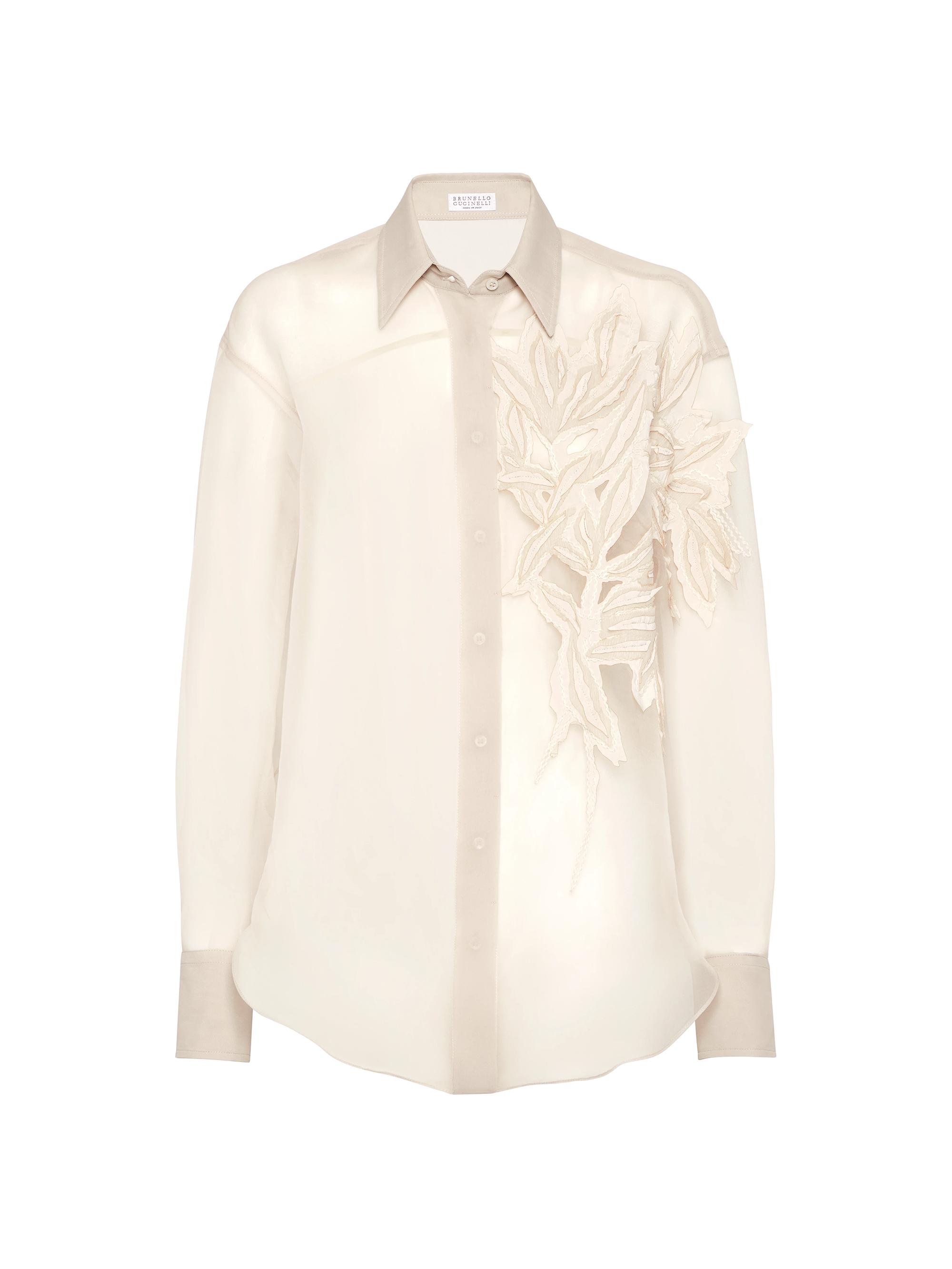 Brunello Cucinelli Women's Crispy Silk Shirt with Herbarium Appliqué - Beige