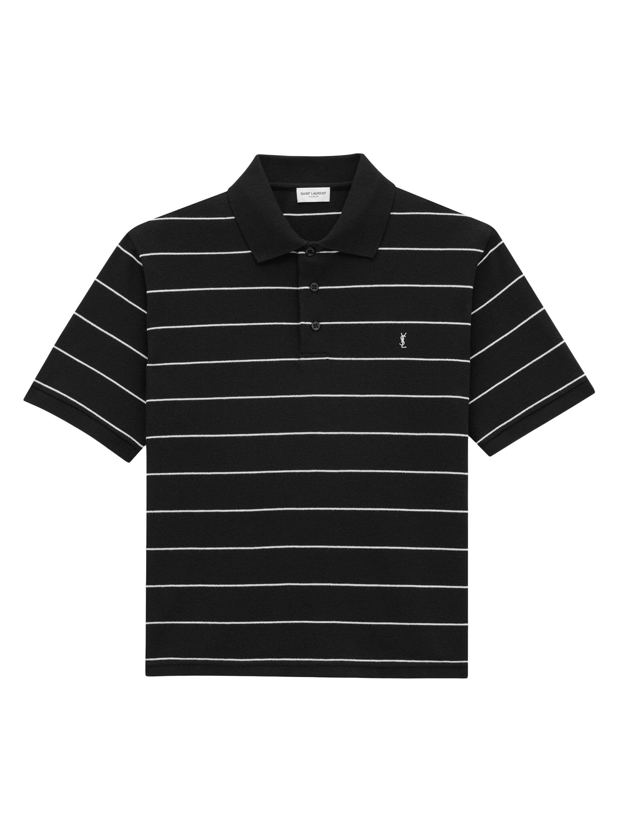 Saint Laurent Men's Cassandre Polo Shirt in Striped Pique - Black