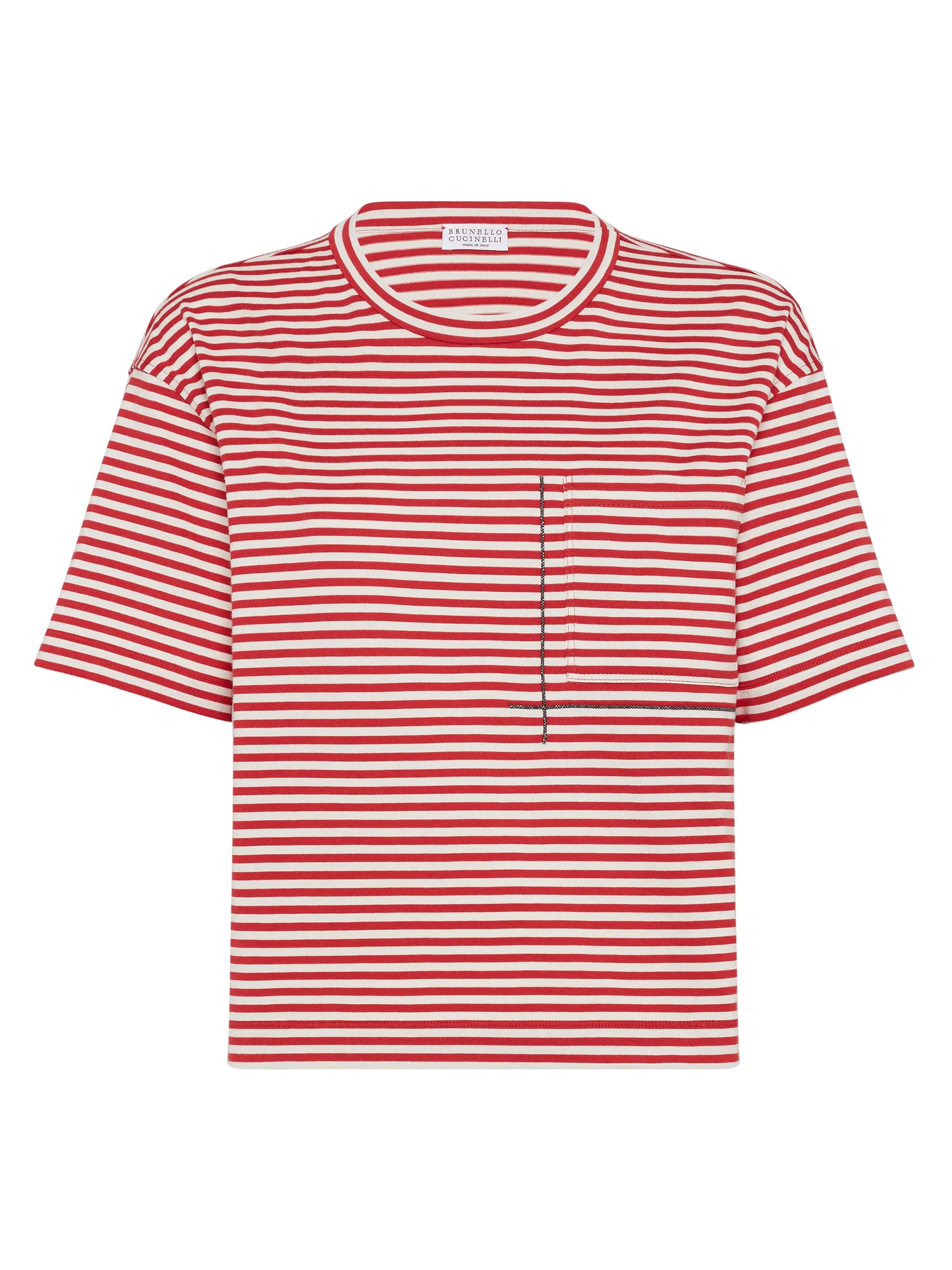Brunello Cucinelli Women's Cotton Striped Jersey Cropped T-Shirt with Shiny Pocket Detail - Red