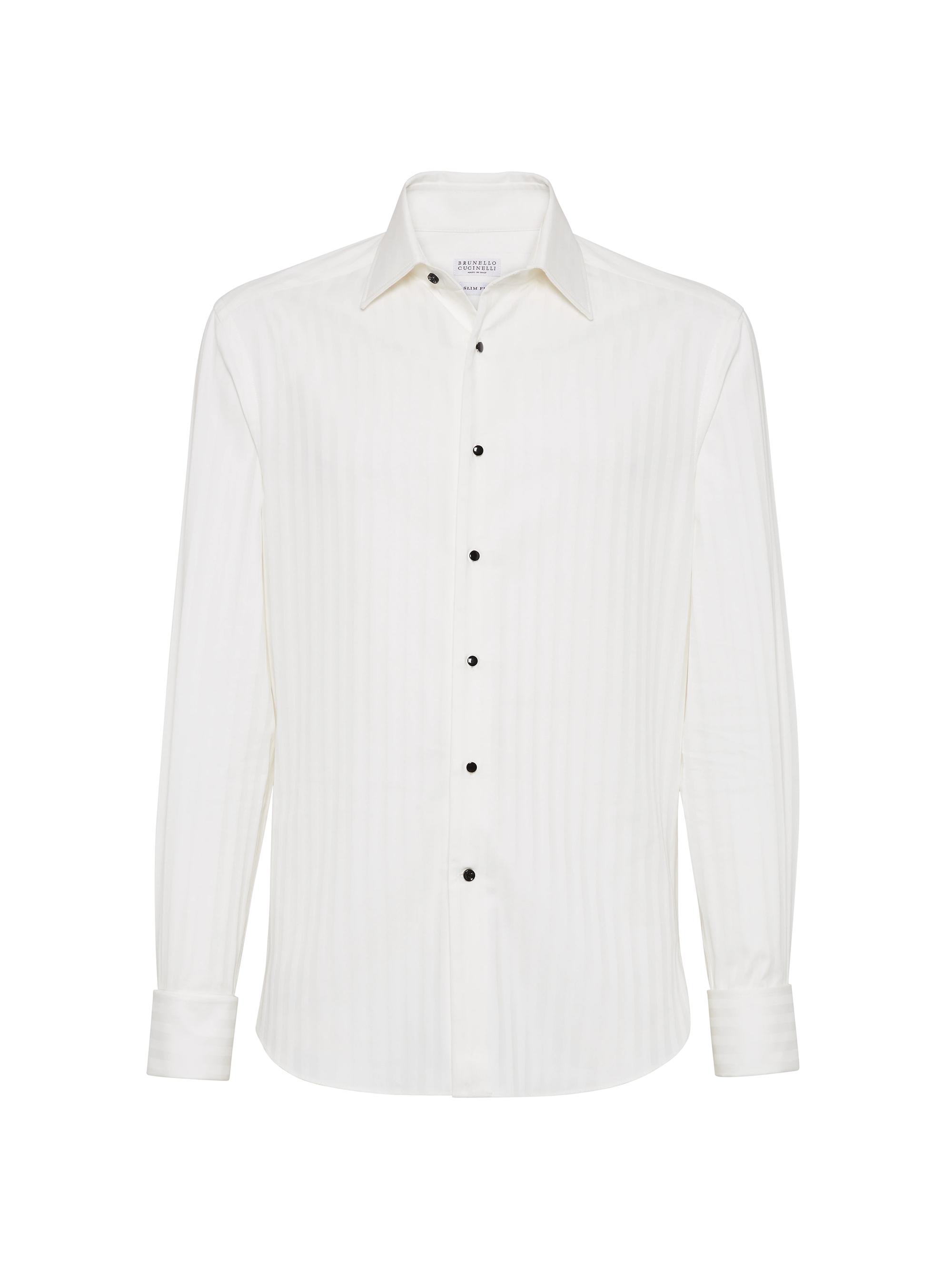 Brunello Cucinelli Men's Cotton Chevron Slim Fit Tuxedo Shirt with Spread Collar - White