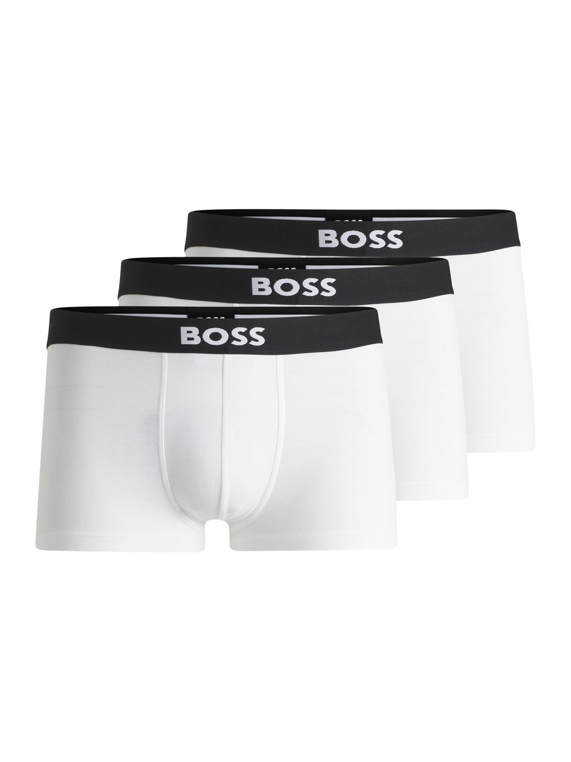BOSS Men's Three-Pack of Stretch-Cotton Trunks with Logo Waistbands - White