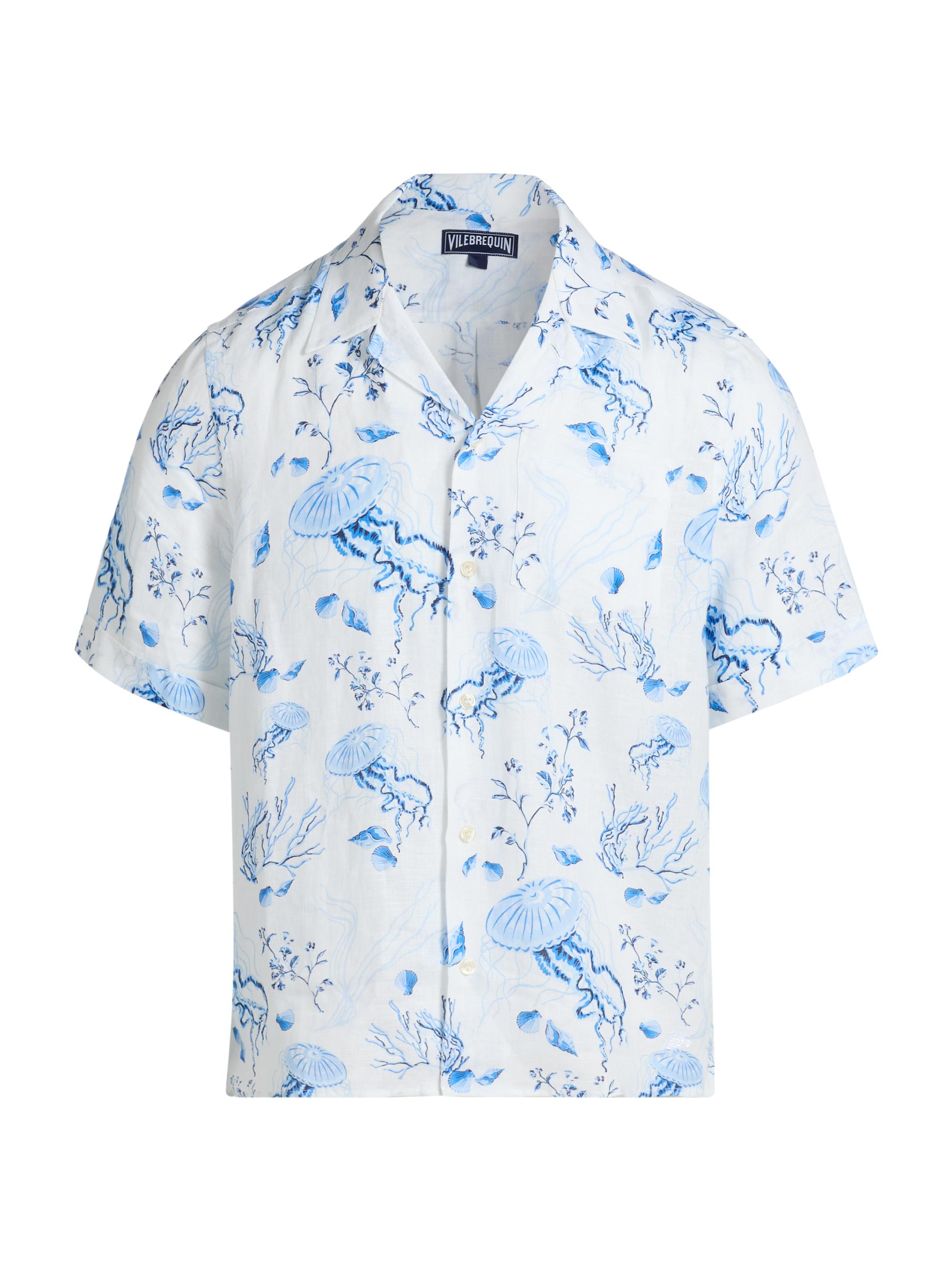 Vilebrequin Men's Medusa & Shells Linen Camp Shirt - Blanc