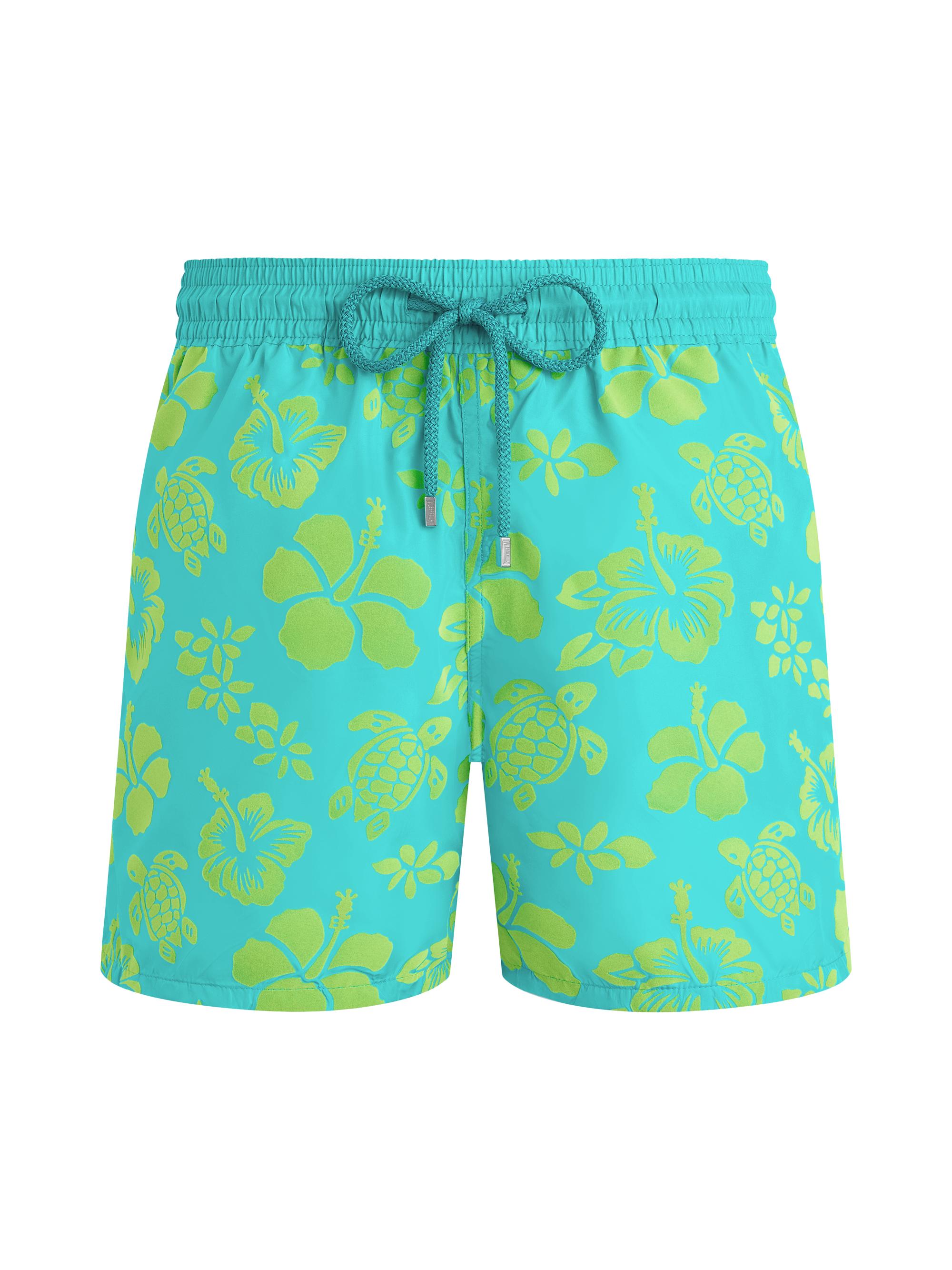 Vilebrequin Men's Tropical Turtle Packable Flocked Swim Trunks - Vert Disco