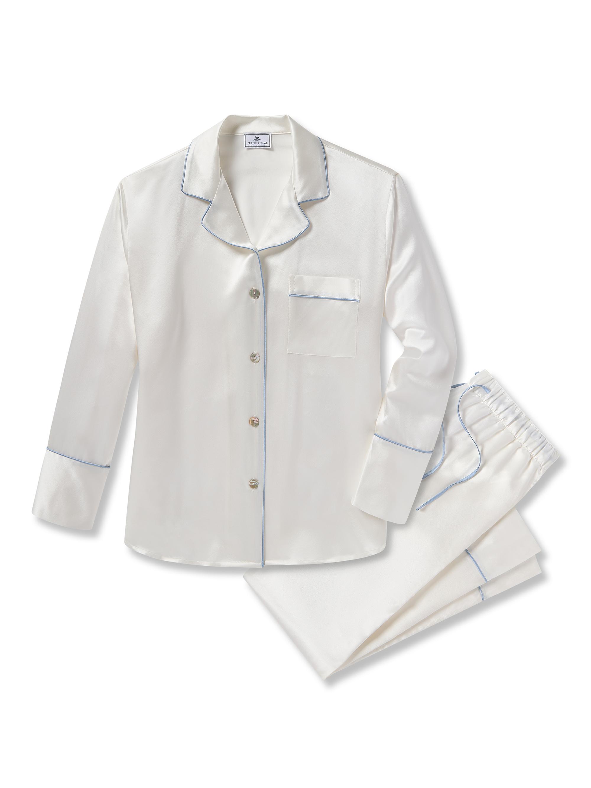 Petite Plume Mulberry Silk Piped Pajamas - White
