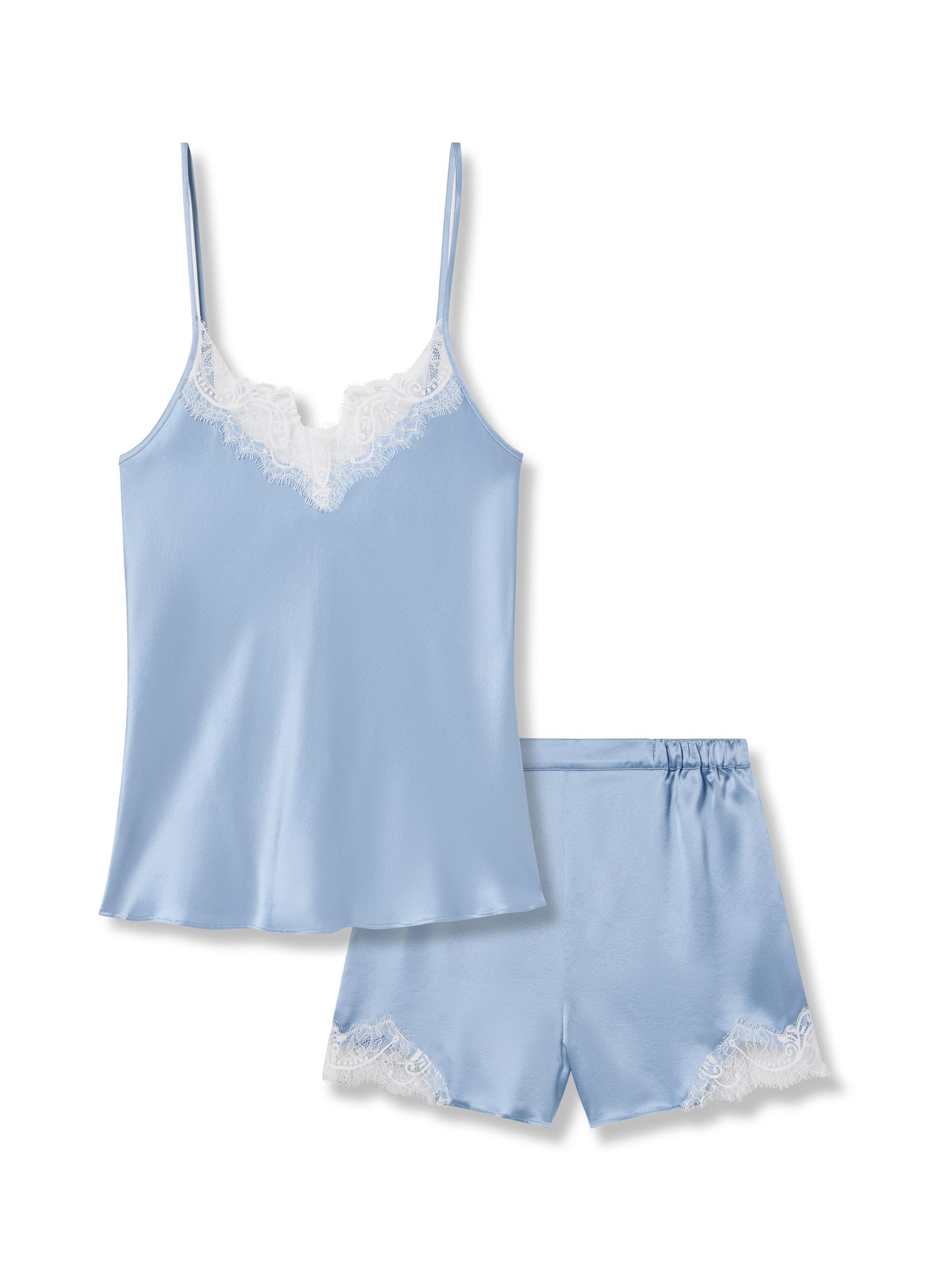 Petite Plume Women's Mulberry Silk Lace Cami & Shorts Set - Blue