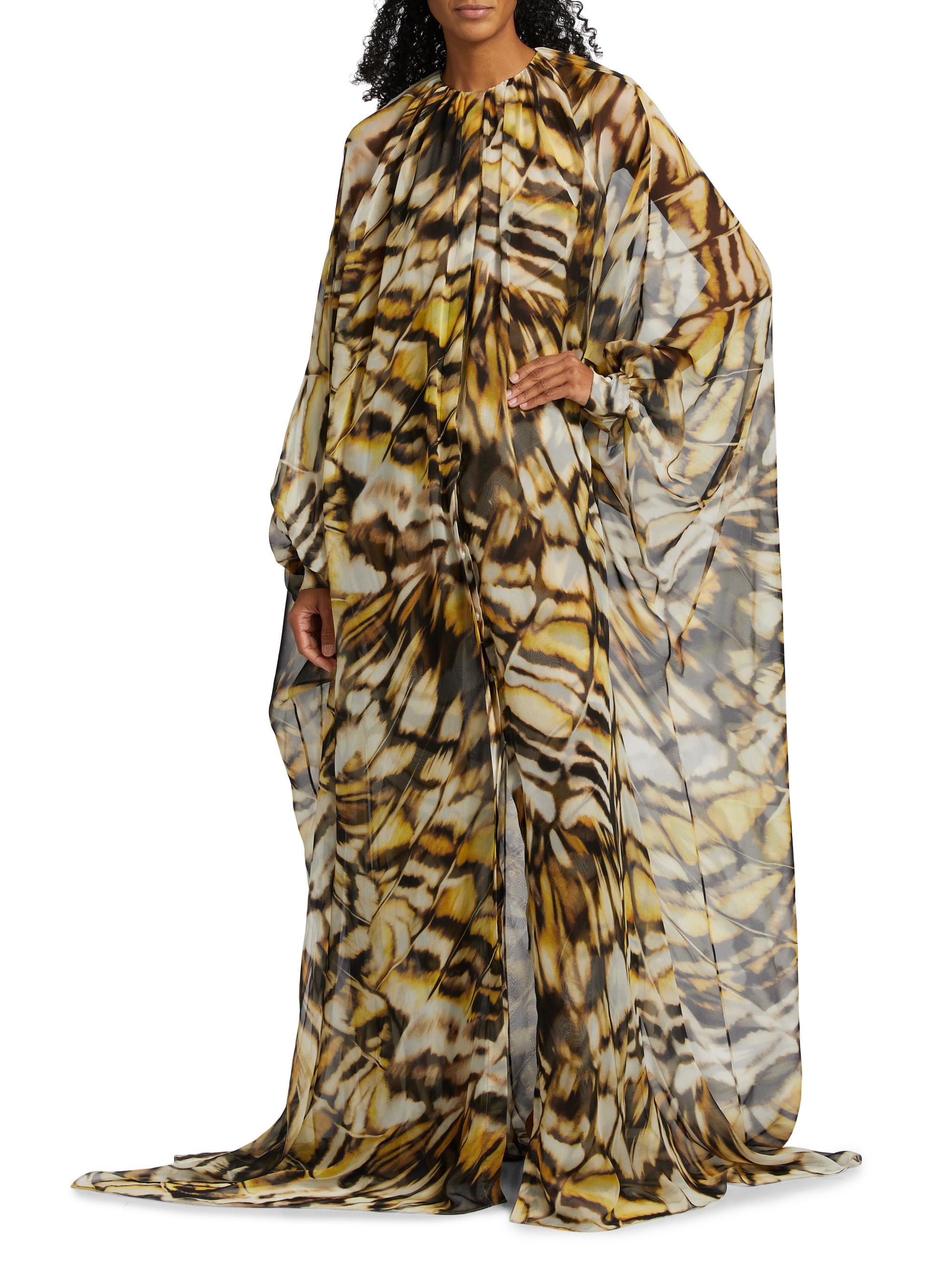 Oscar de La Renta Long Sleeve Abstract Butterfly Silk Chiffon Caftan - Black Multi - Xs
