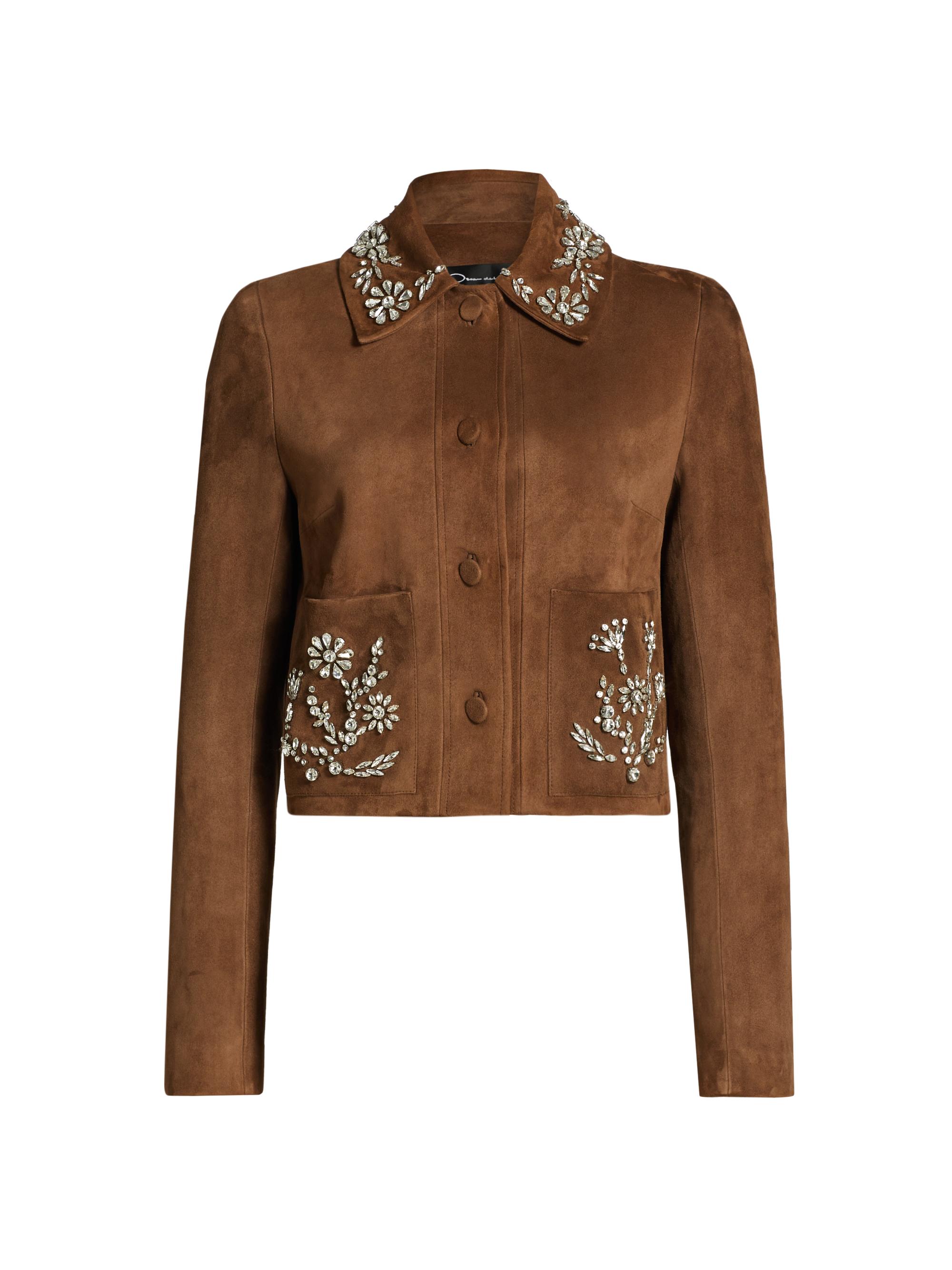 Oscar de la Renta Women's Crystal Embroidered Suede Jacket - Dark Cognac
