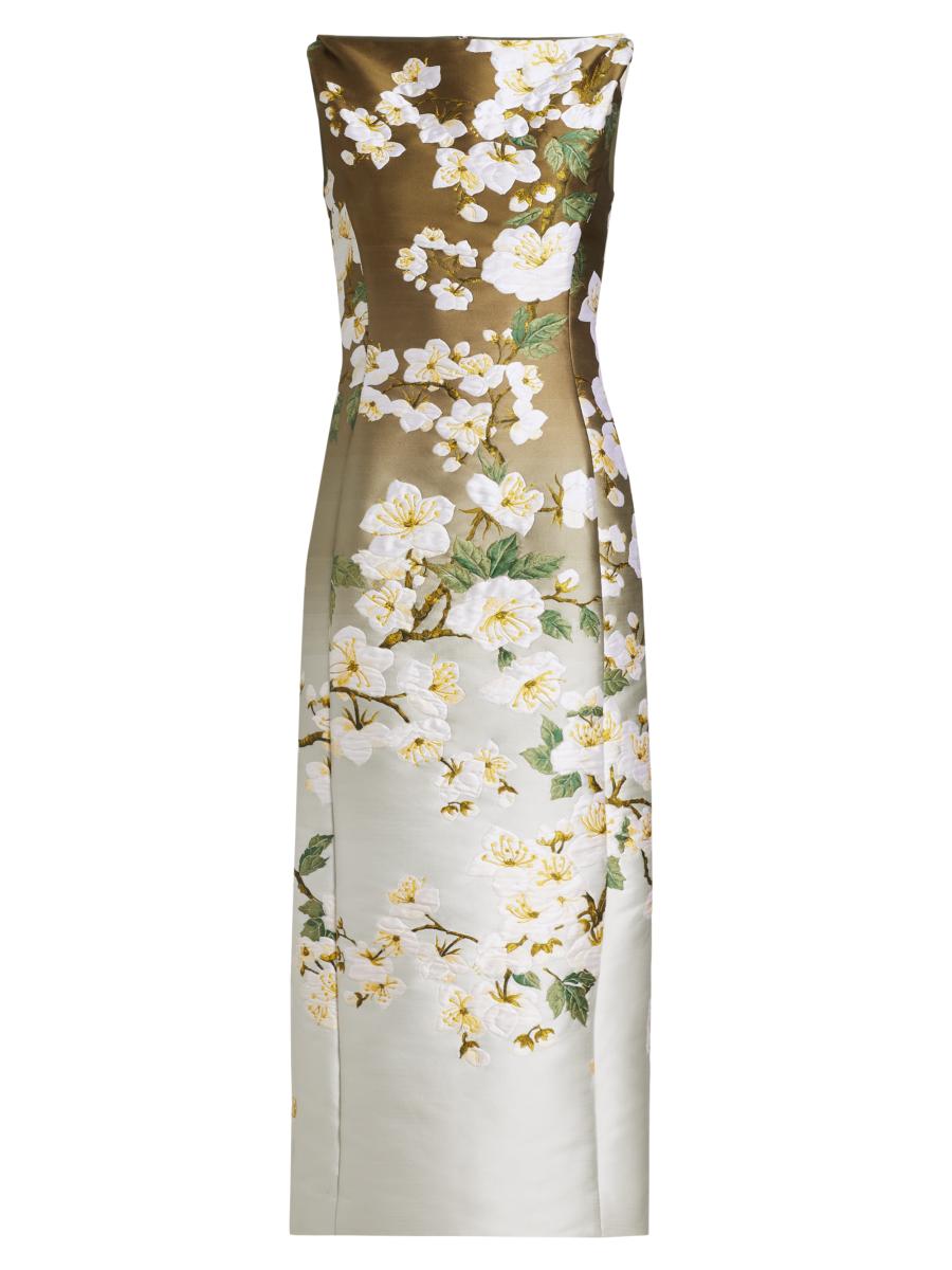 Oscar de la Renta Ombré Cherry Blossom Jacquard Midi-Dress