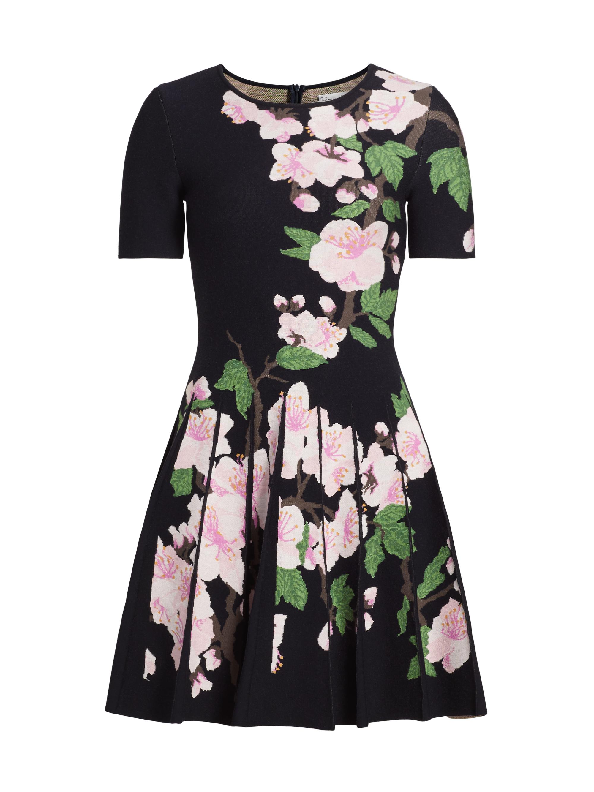 Oscar de la Renta Women's Cherry Blossom Pleated Jacquard Dress - Navy Pink