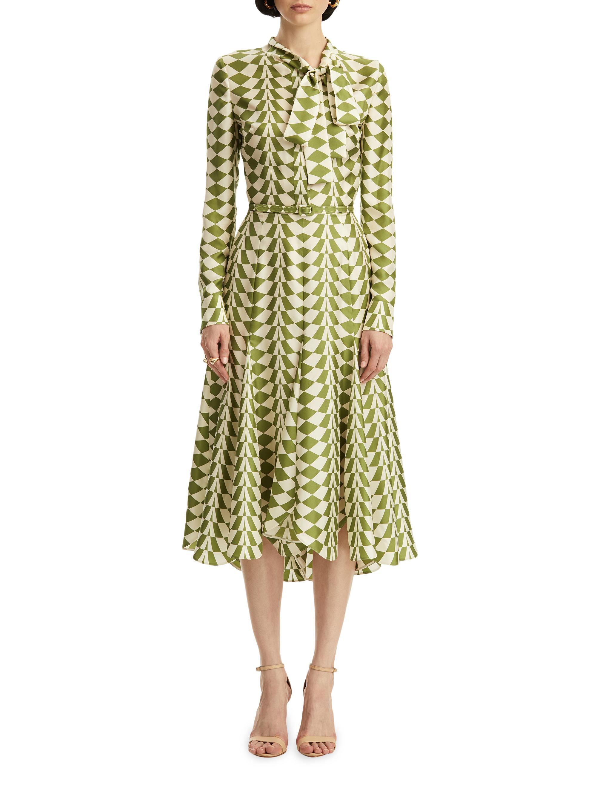 Oscar de la Renta Women's Geometric Silk Belted Godet Midi-Dress - Fern