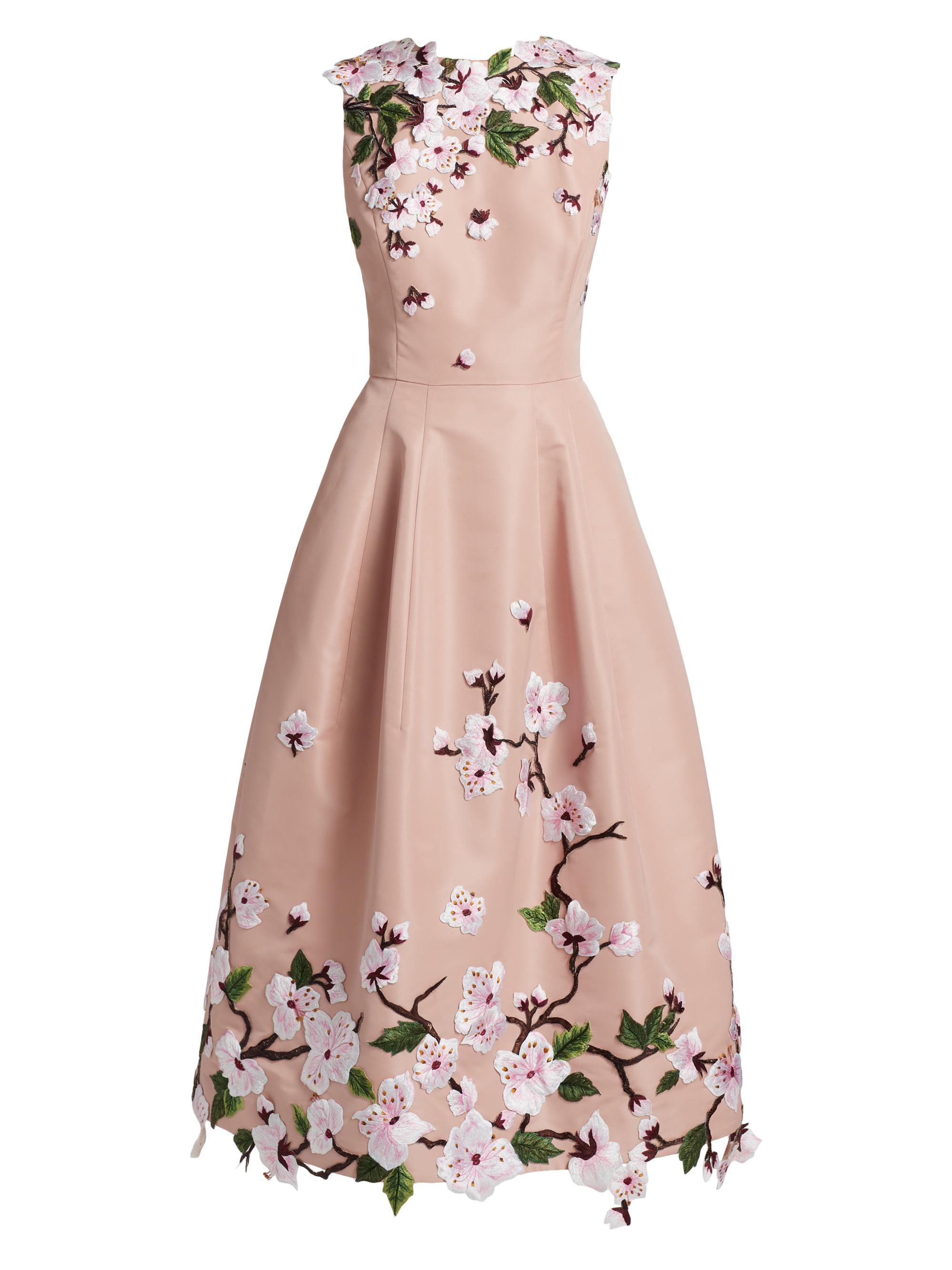 Oscar de la Renta Embroidered Cherry Blossom Fit & Flare Midi