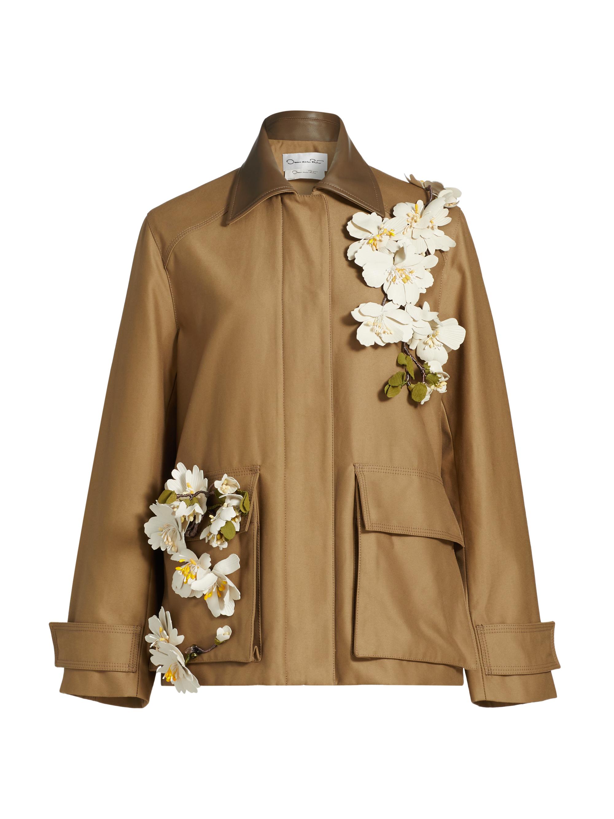 Oscar de la Renta Women's Floral Appliqué Cargo Jacket - Biscotto