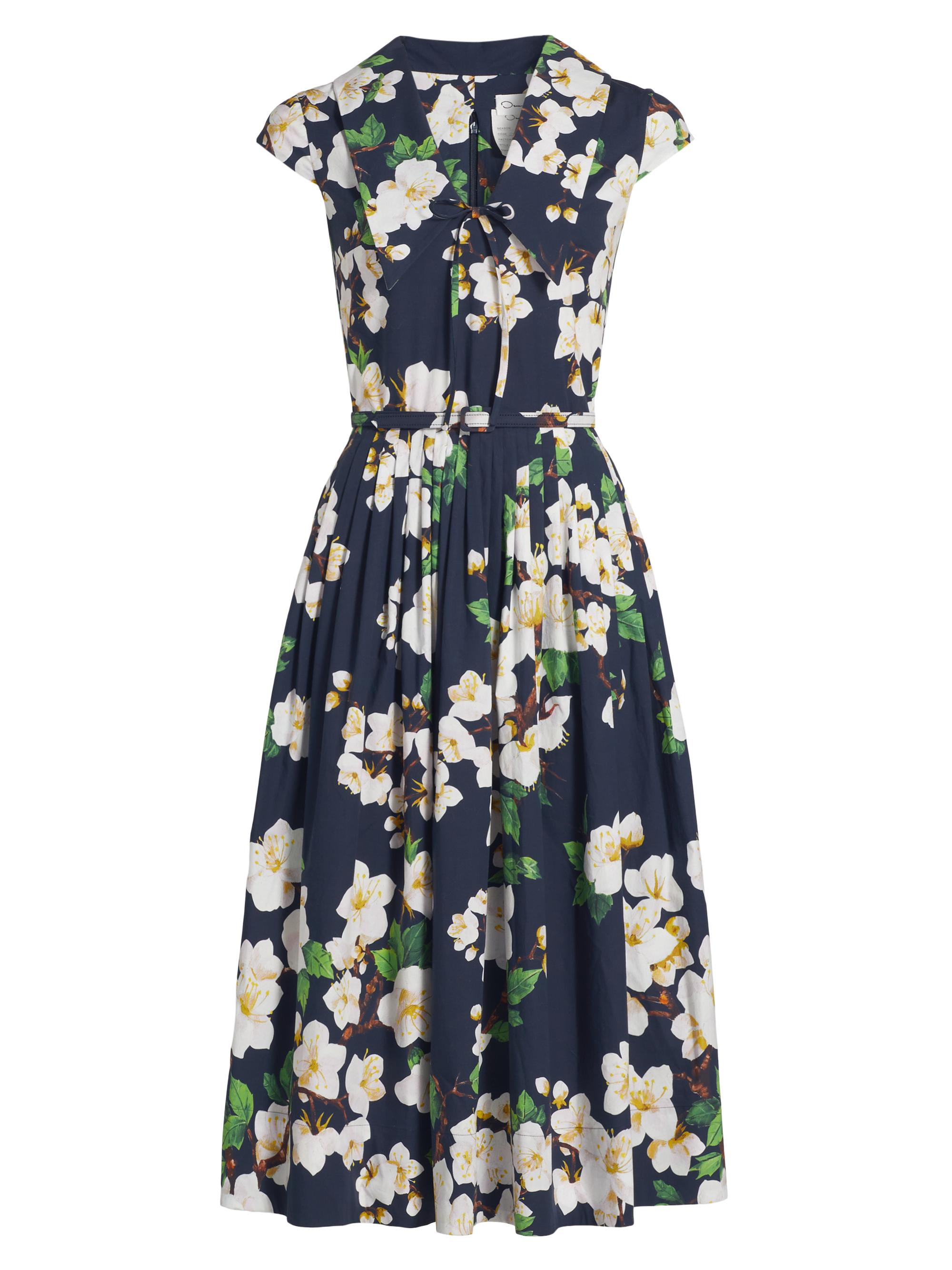 Oscar de la Renta Women's Cherry Blossom Cotton Poplin Pleated Dress - White Navy