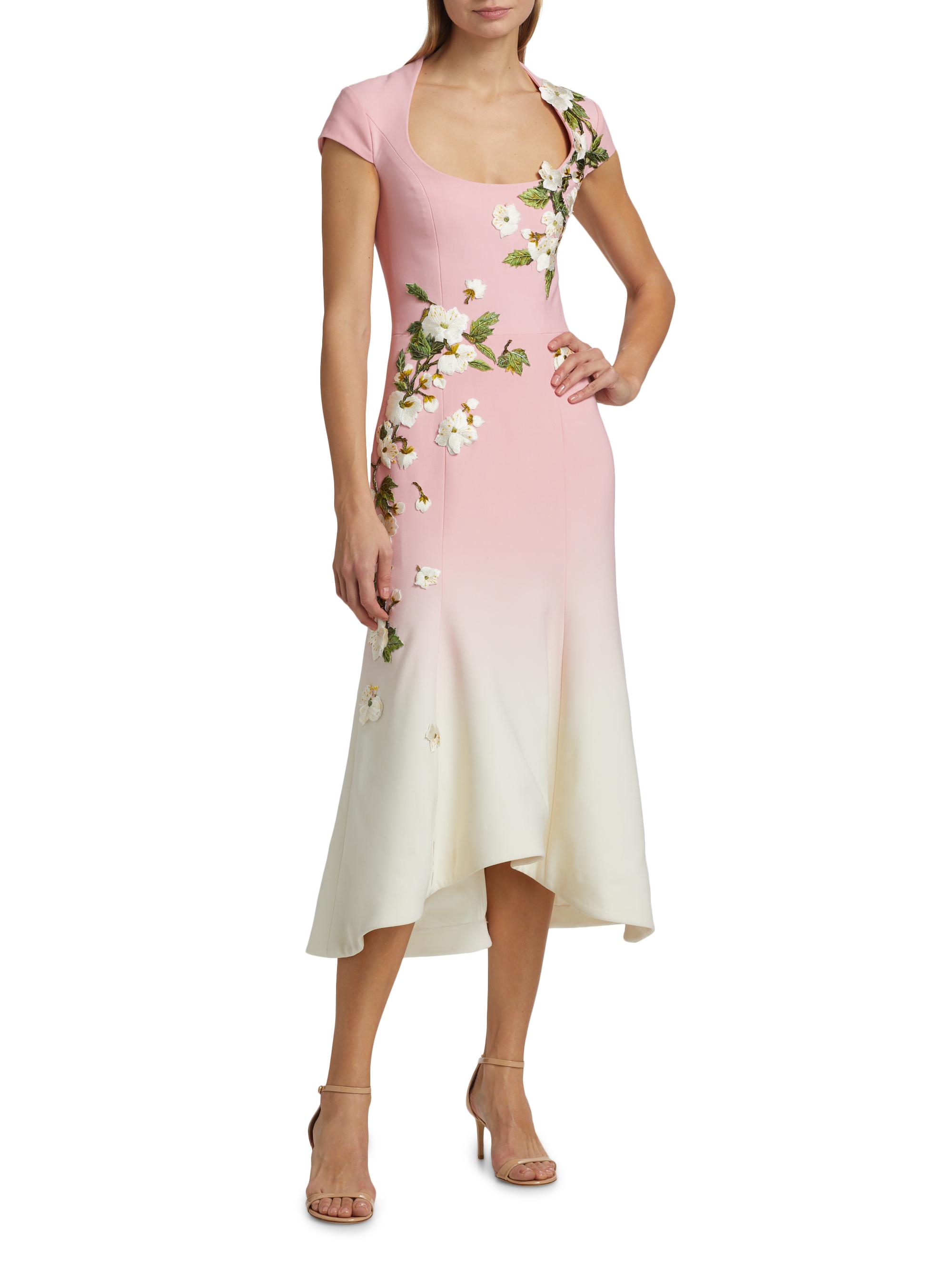 Oscar de la Renta Cherry Blossom Embroidered Ombré Dress | Saks