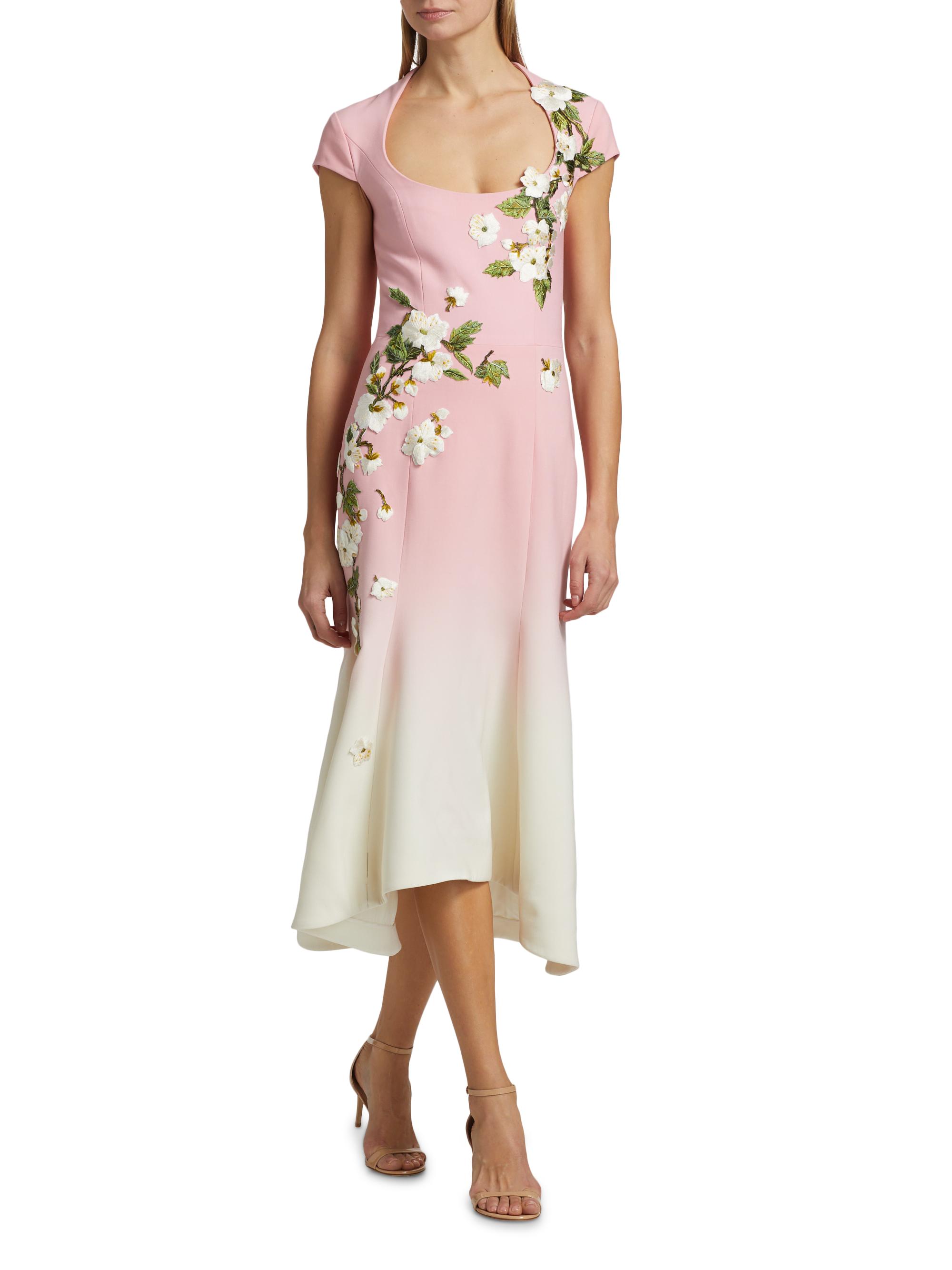 Oscar de la Renta Cherry Blossom Embroidered Ombré Dress | Saks